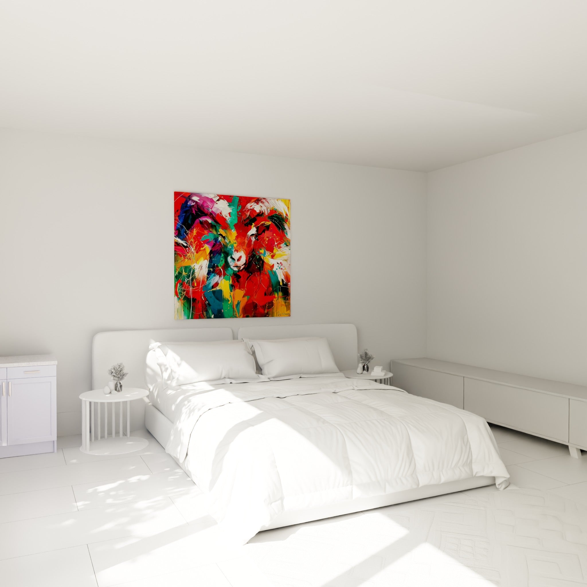 Cornes dorées et mufle blanc d'un bélier rouge et bleu marine, au-dessus d'un lit dans une chambre claire