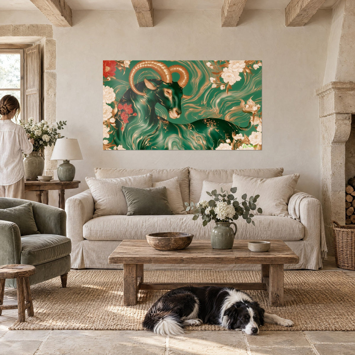 Wall art Emerald ram with curled golden horns, cream and red peonies, above a sofa in a bright living room
