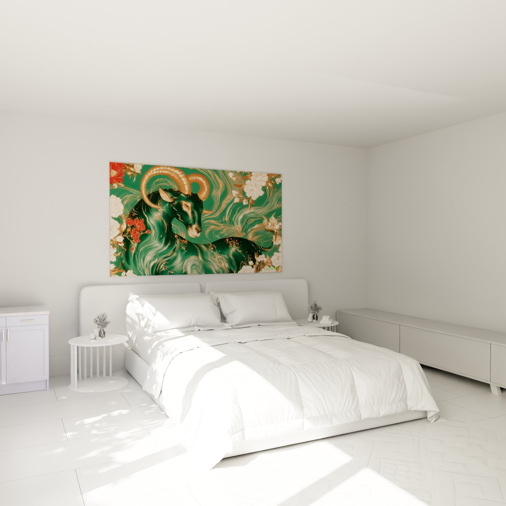 Silhouette de Bélier doré et vert émeraude accrochée au-dessus d'un lit dans une chambre claire