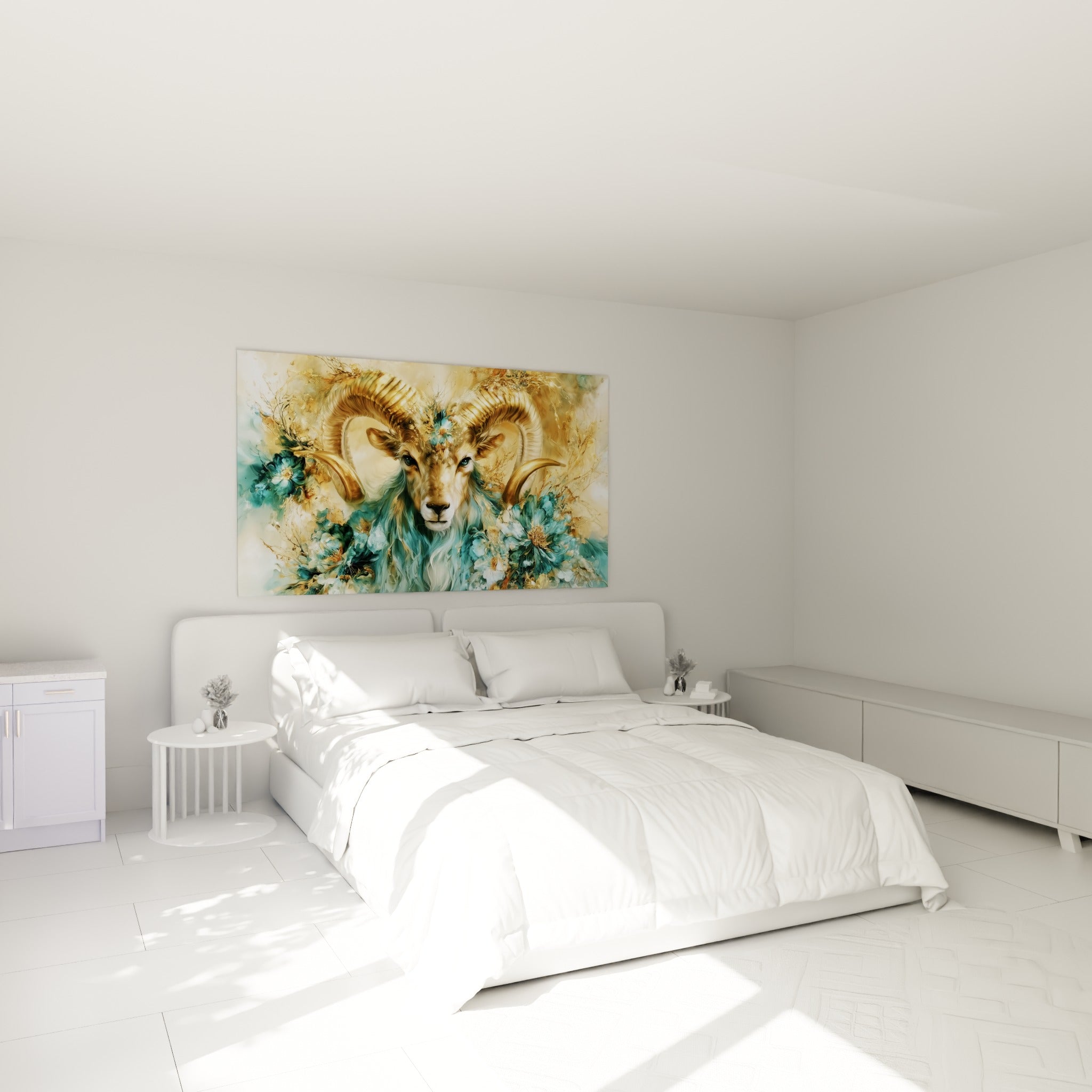 Cornes torsadées dorées et fleurs turquoise du Bélier suspendues au-dessus d'un lit dans une chambre claire