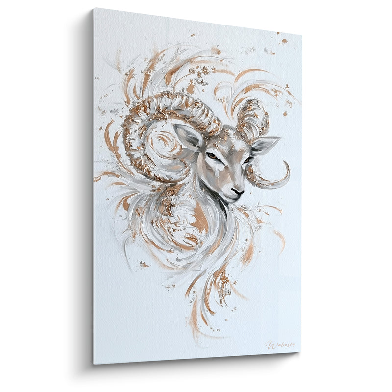 Tableau Bélier gris et doré volutes éclaboussées - Volutes d'encre claire - Edition Bélier