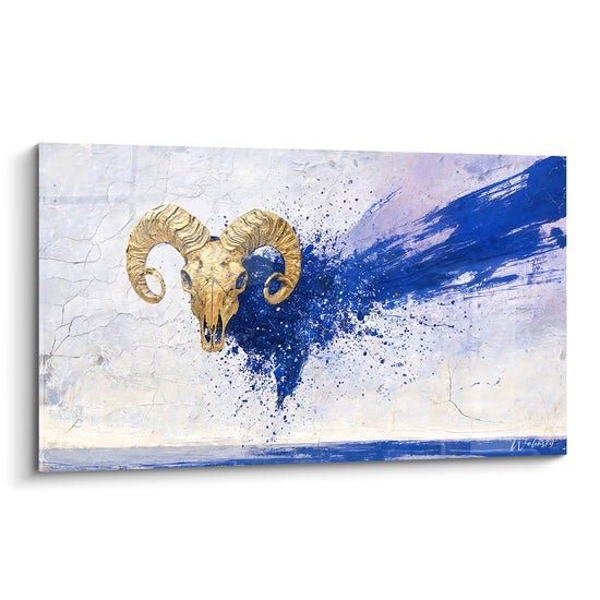 Tableau Crâne doré et éclaboussures bleu marine - Jaillissement originel - Edition bélier