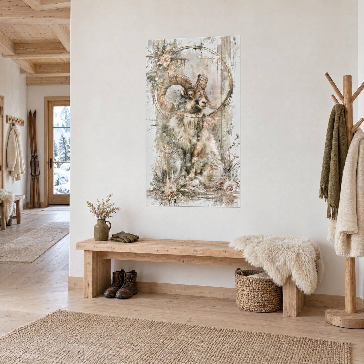 Quadro maestoso muflone circondato da rose pallide e un cerchio dorato, talpa e crema, sulla parete bianca di uno chalet