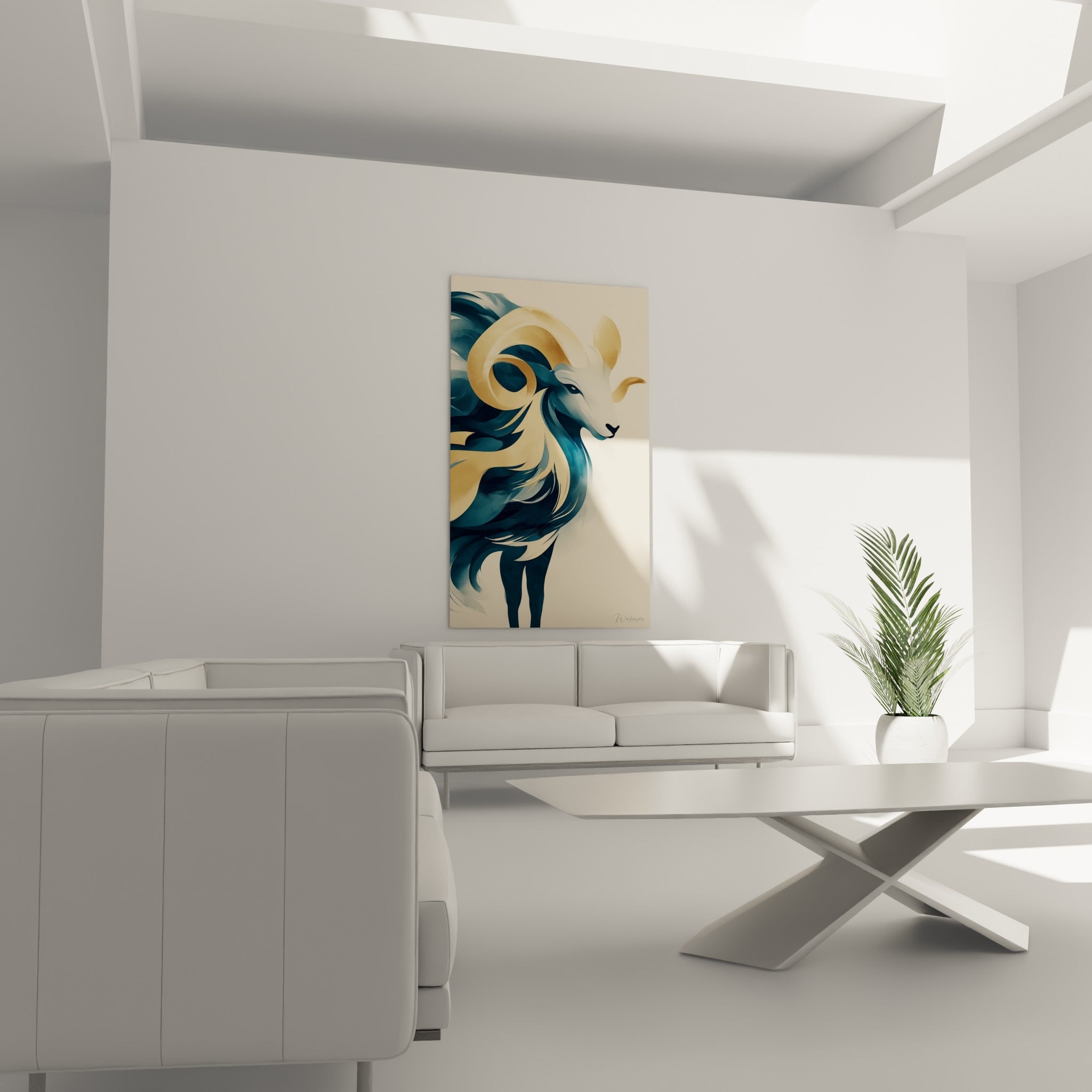 Silhouette du Bélier ocre et bleu pétrole, suspendue au-dessus d'un canapé dans un salon lumineux