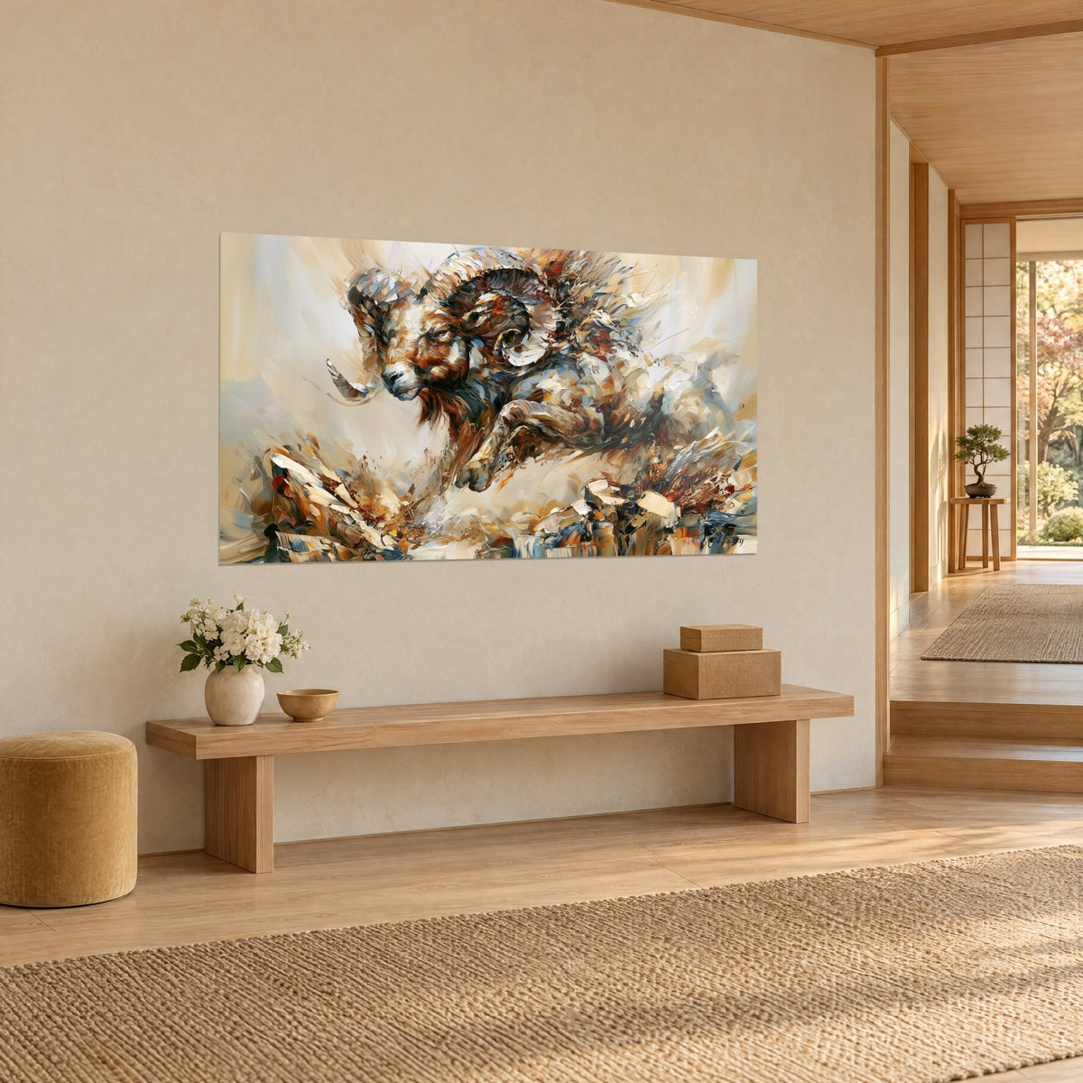 Wall art of a mouflon with curled horns, russet and cream-white coat in thick impasto, light wood bench, three-quarter view, Japandi hallway