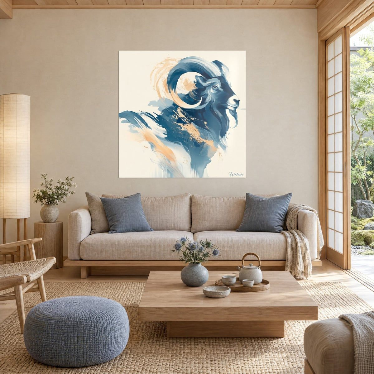 Quadro ariete di profilo con corna a spirale blu notte e dorate, sfondo crema, sopra un divano in un soggiorno luminoso