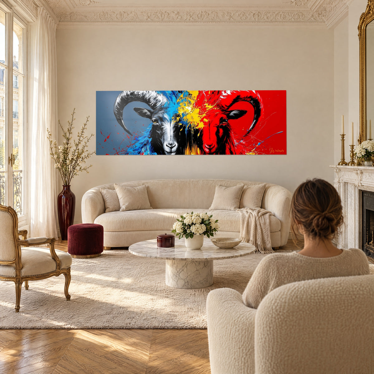 Gemälde Widder in Blau und Rot mit spiralförmigen Hörnern, gelbe Spritzer in der Mitte, über einem Sofa in einem hellen Wohnzimmer
