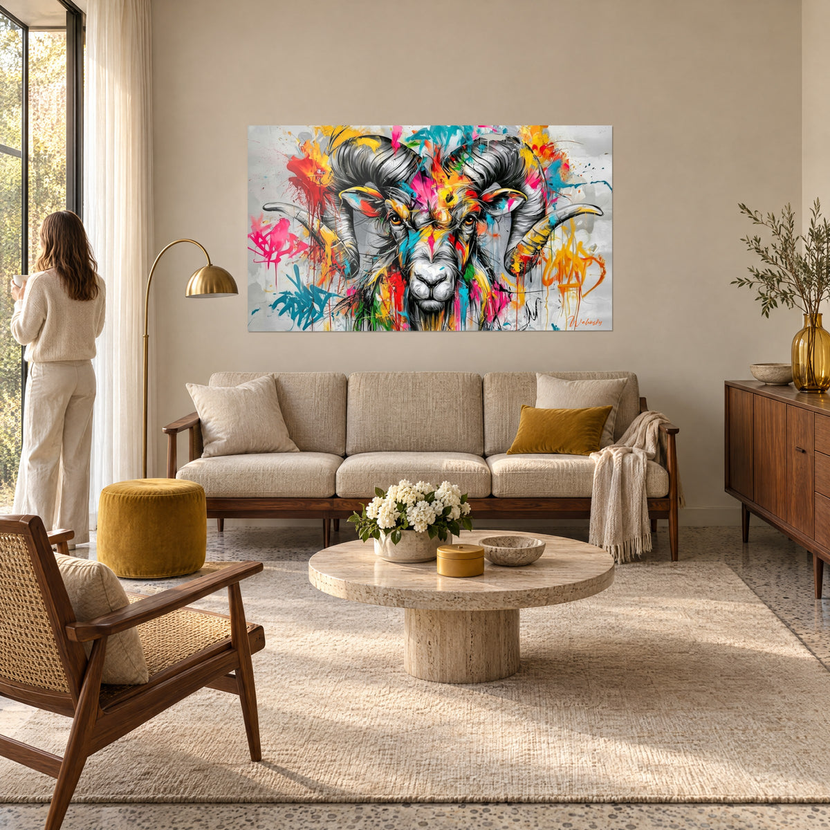 Tableau bélier graffé aux cornes torsadées grises, éclaboussures roses et turquoise, au-dessus d'un canapé dans un salon lumineux