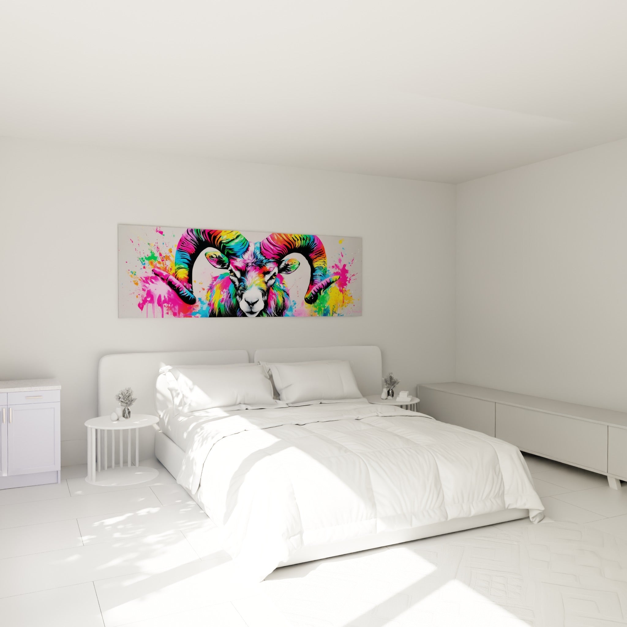 Cornes torsadées multicolores du Bélier accrochées au-dessus d'un lit dans une chambre claire