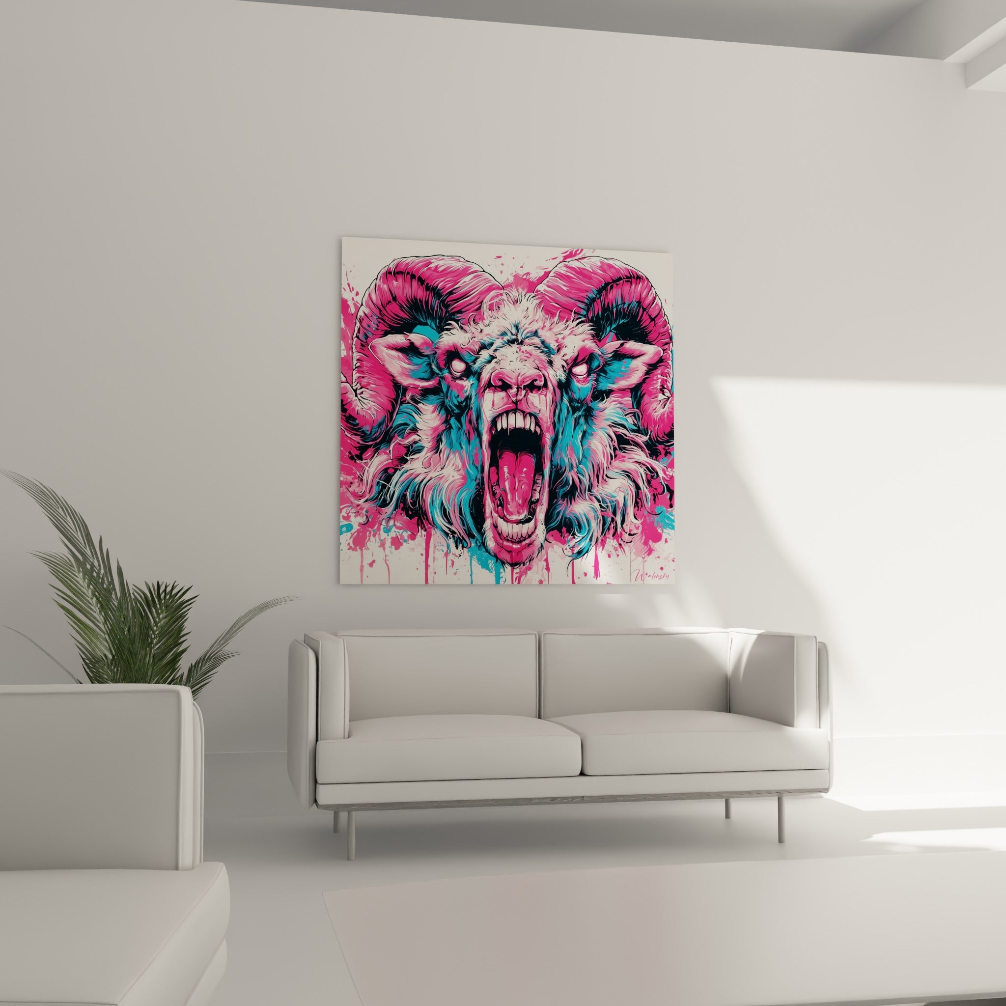 Tête de bélier rose vif à la gueule béante, positionnée au-dessus d'un canapé dans un salon lumineux
