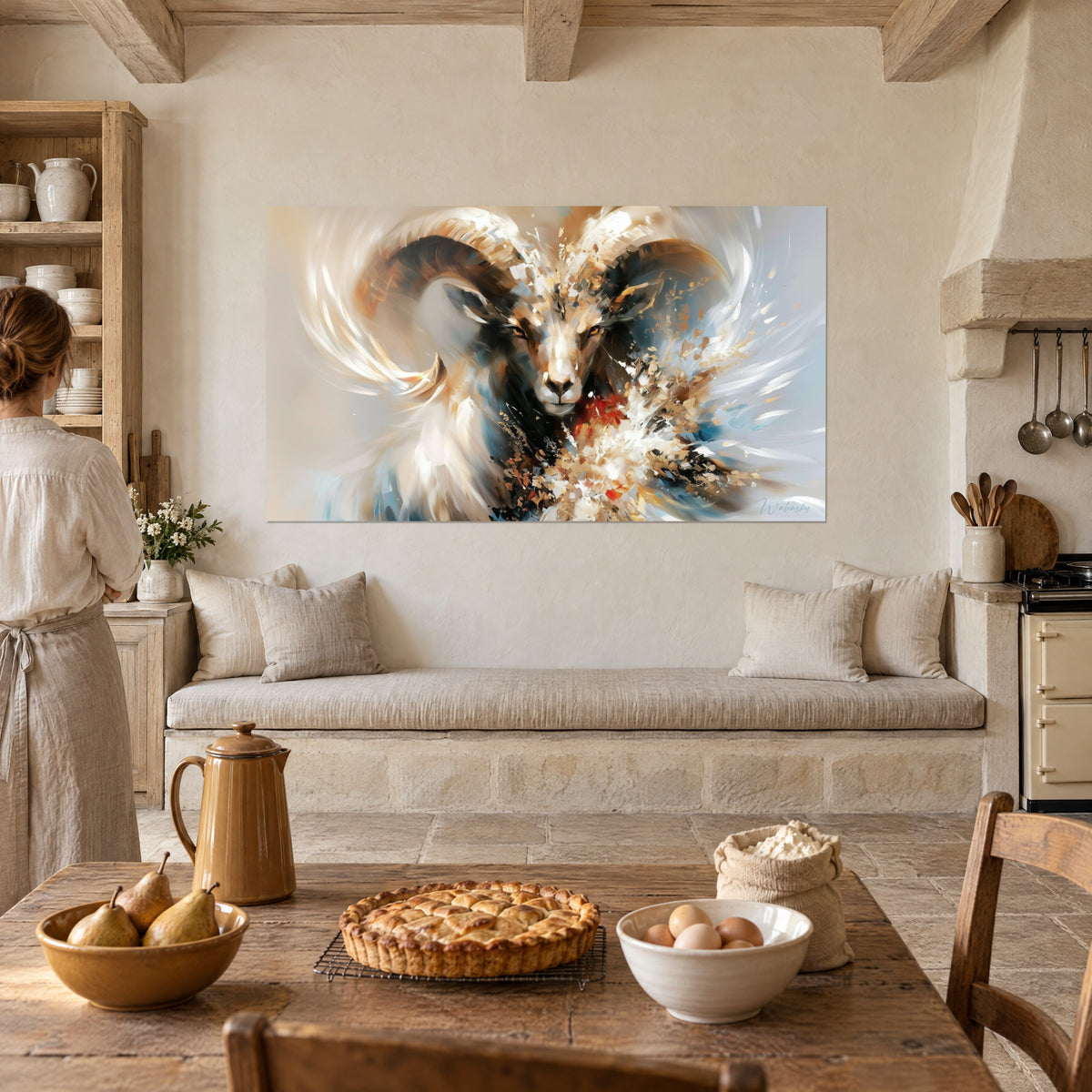 Wall art dazzling ram, gold and midnight blue sparks on a pearl grey background, woman in an apron seen from behind, rustic stone kitchen