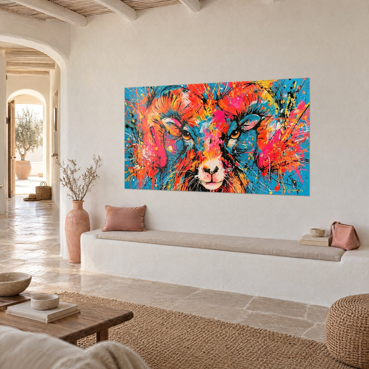 Schilderij kop van een wilde schaap met amberkleurige ogen, gekrulde oranje en magenta hoorns, turquoise achtergrond, witte stenen bank