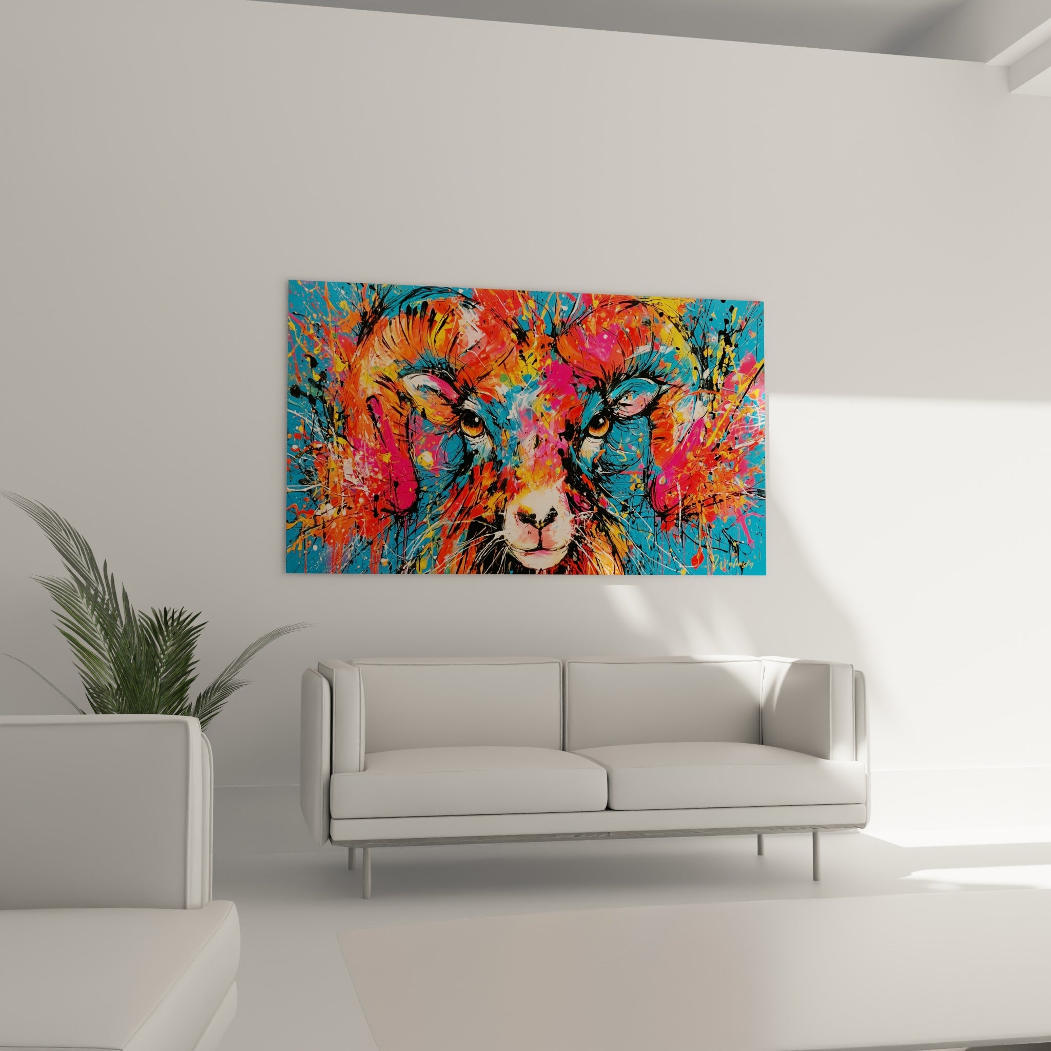 Visage animal en éclats bleu, orange et jaune, disposé au-dessus d'un canapé dans un salon lumineux