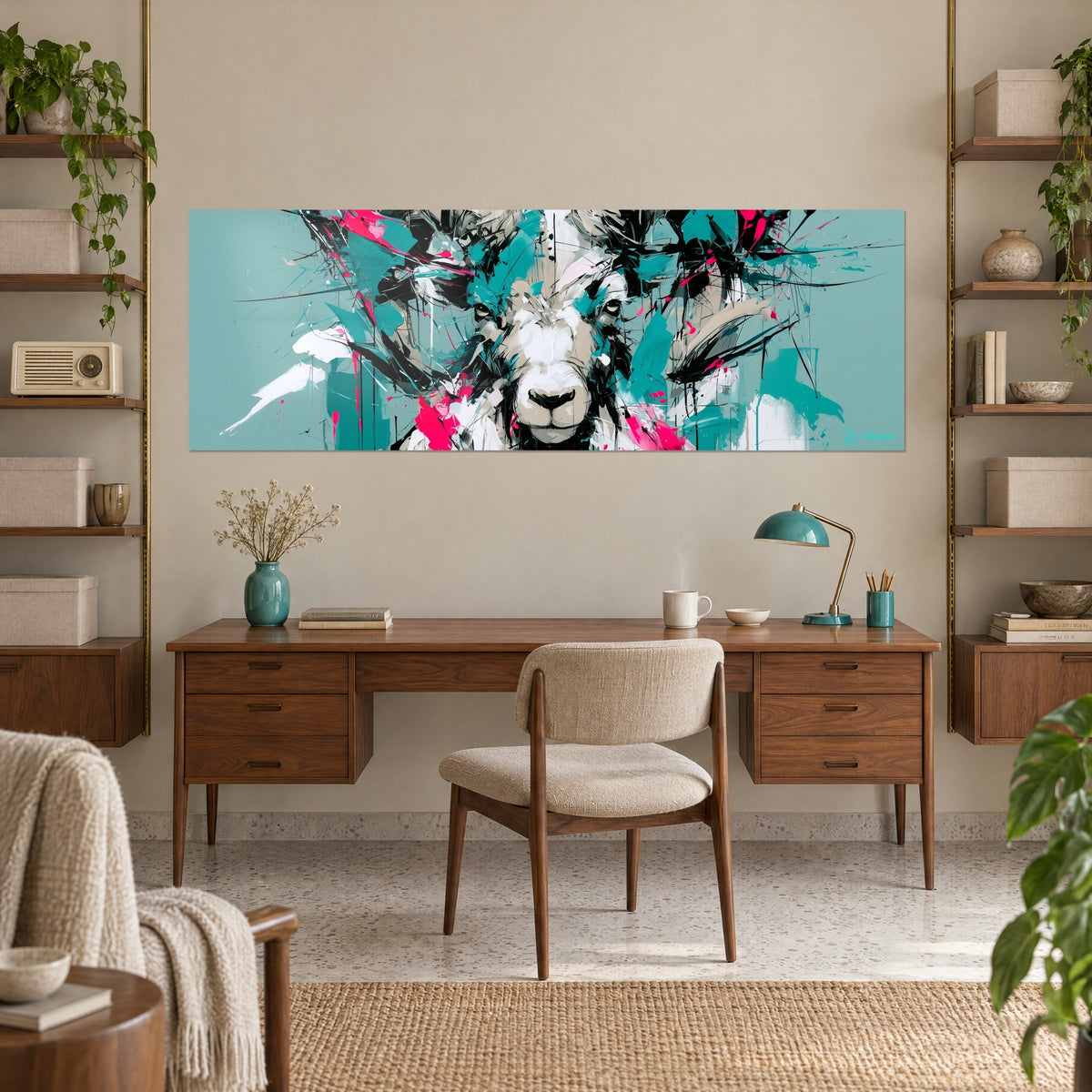 Tableau animal à cornes en éruption graphique, aplats turquoise, éclats roses et lignes noires, au-dessus d'un bureau en bois près d'étagères