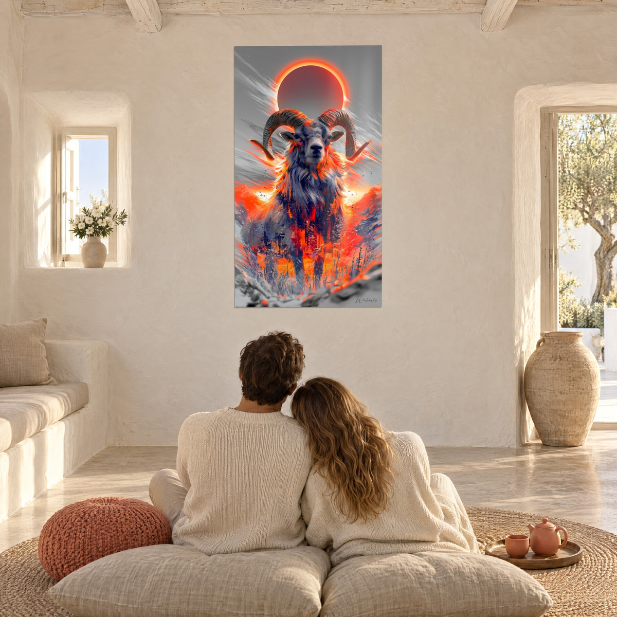 Tableau bélier ardent surmonté d'une éclipse au halo rouge, flammes orange sur fond gris, contemplé par un couple enlacé sur des coussins