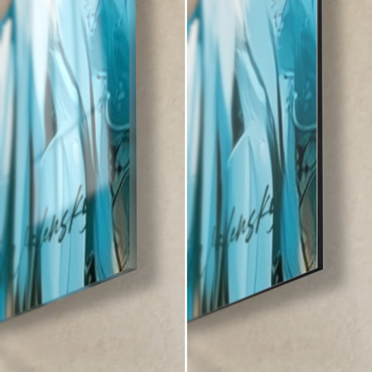 Tableau bélier pop art, coin bas droit : signature noire sur turquoise, verre acrylique brillant et Dibond blanc mat, tranche fine