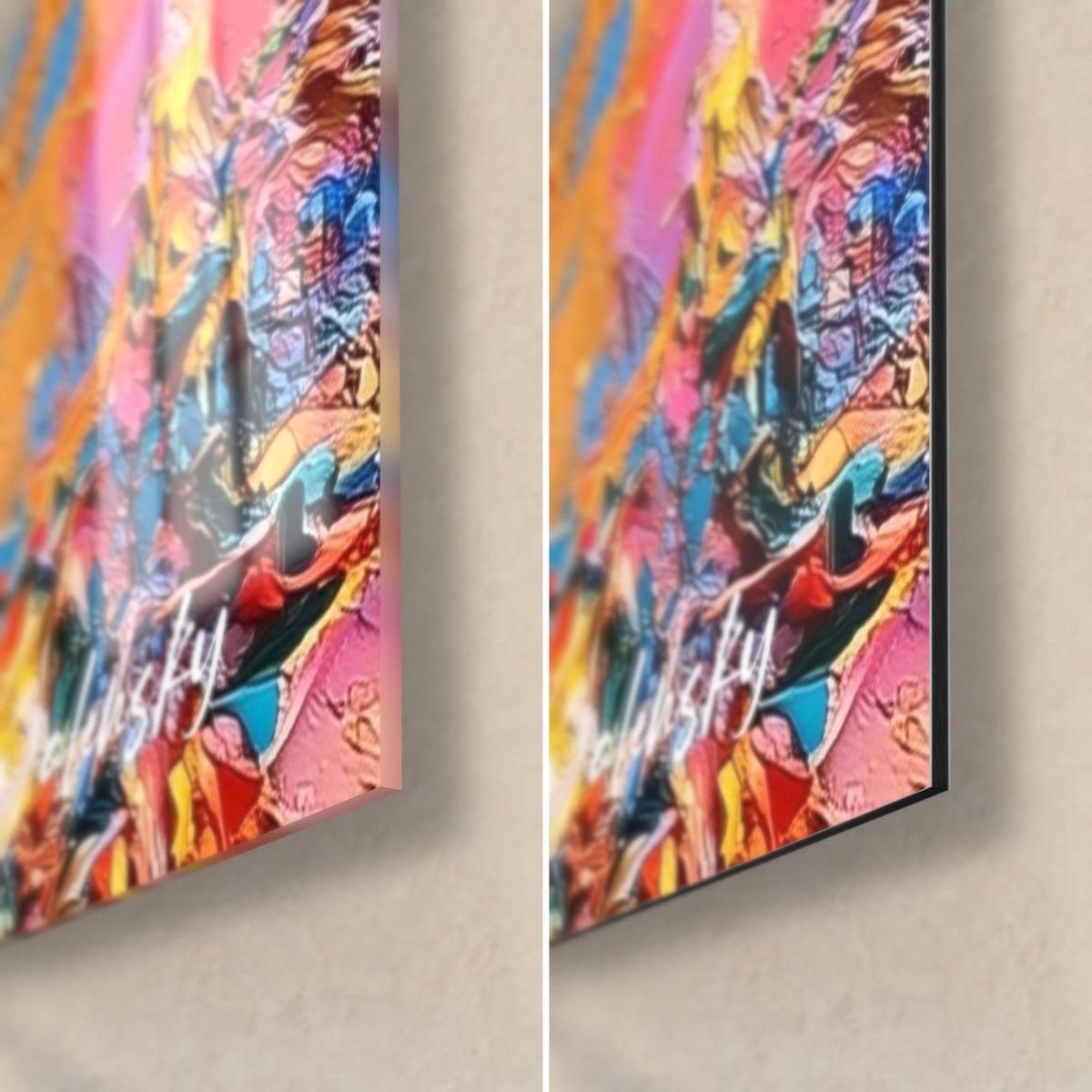Quadro di ariete nei toni rosa e viola, angolo in basso a destra: vetro acrilico lucido a sinistra, Dibond nero opaco a destra, bordo da 3 mm