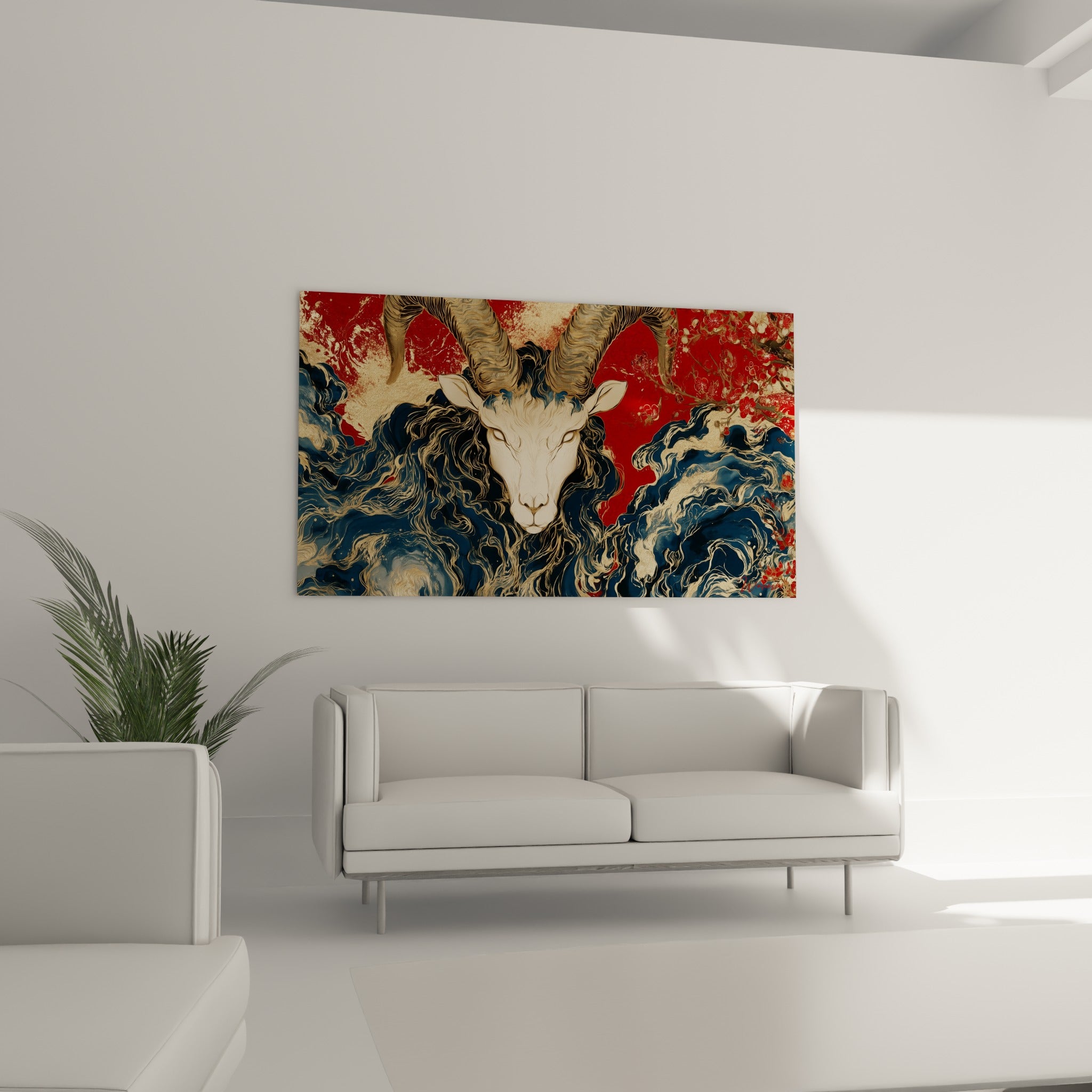 Museau clair du Bélier entouré de bleu marine et rouge cramoisi au-dessus d'un canapé dans un salon lumineux