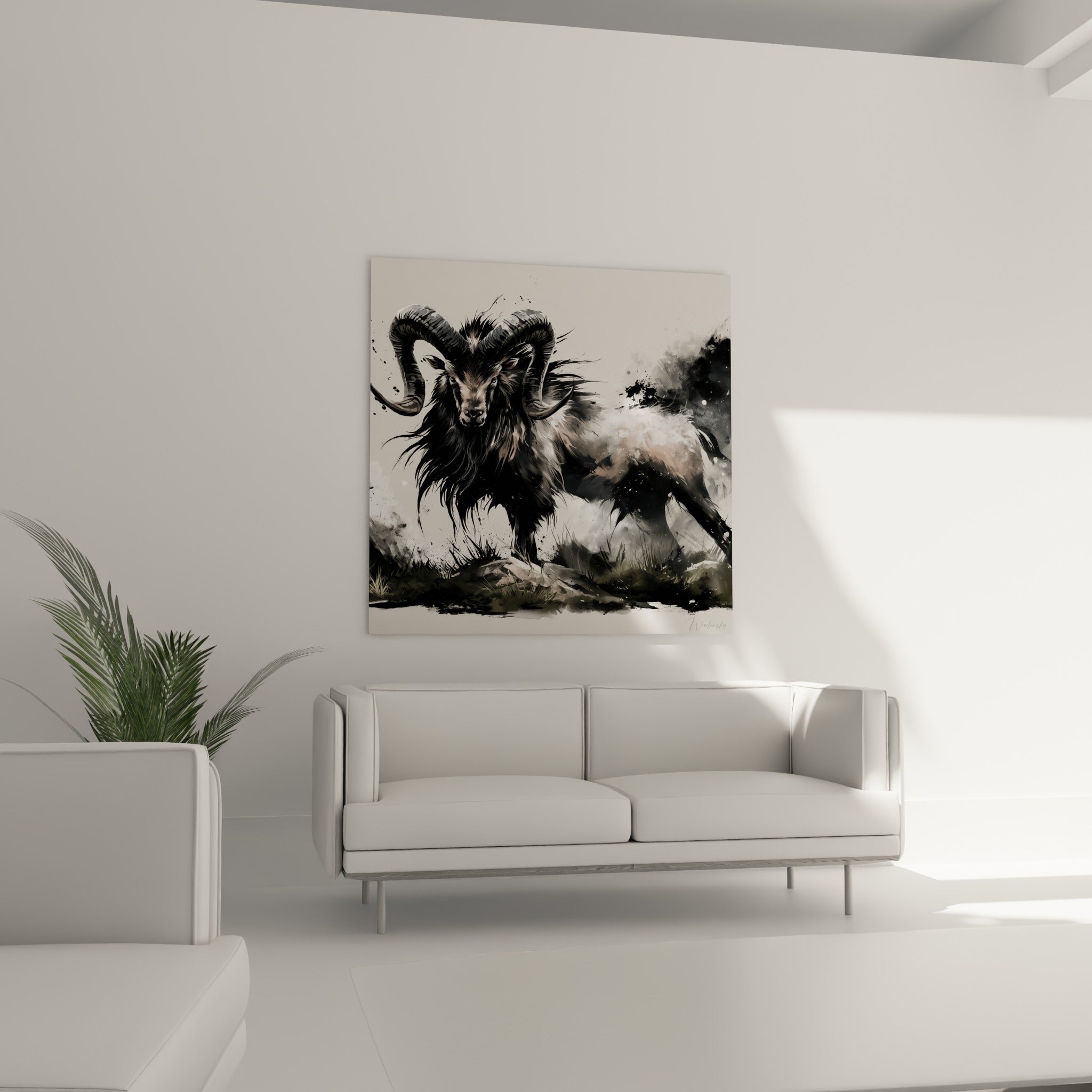 Silhouette sombre du Bélier fauve et beige au-dessus d'un canapé dans un salon lumineux