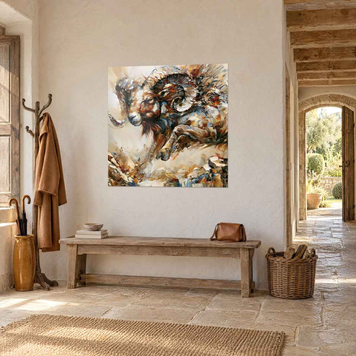Tableau mouflon bondissant en empâtements roux et blancs crème, mur enduit clair, banc de bois, arche ouverte, vue de trois-quarts