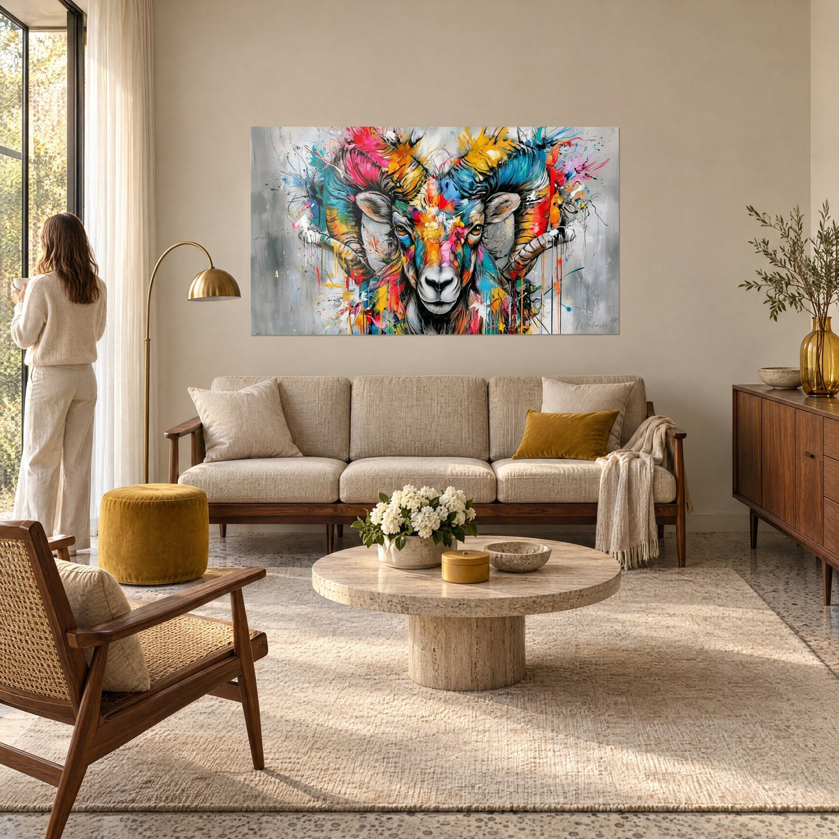Quadro ariete con corna a spirale turchesi e rosa, schizzi gialli su sfondo grigio, donna di spalle, sopra un divano in un soggiorno luminoso
