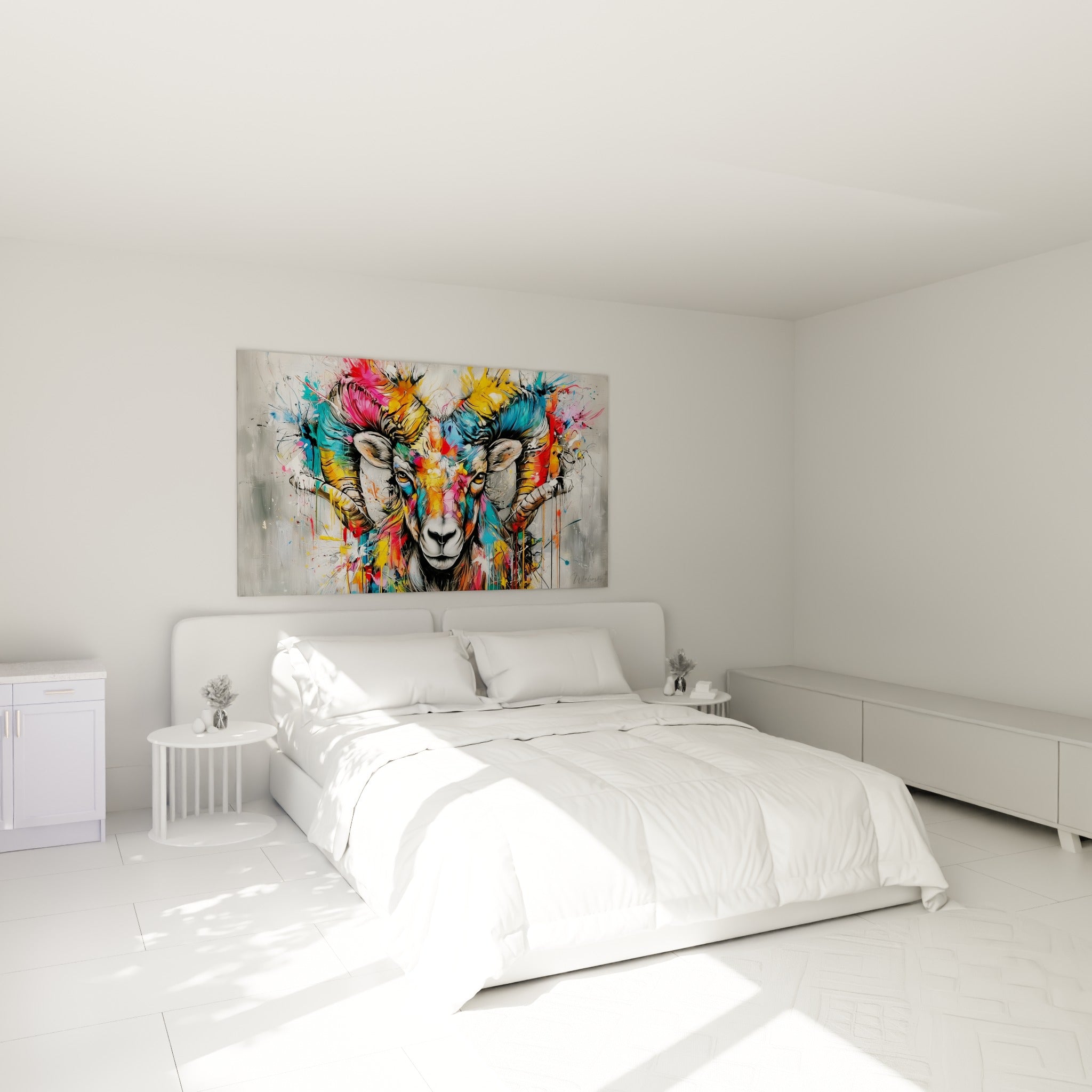 Cornes dorées et fuchsia du bélier peint accrochées au-dessus d'un lit dans une chambre claire