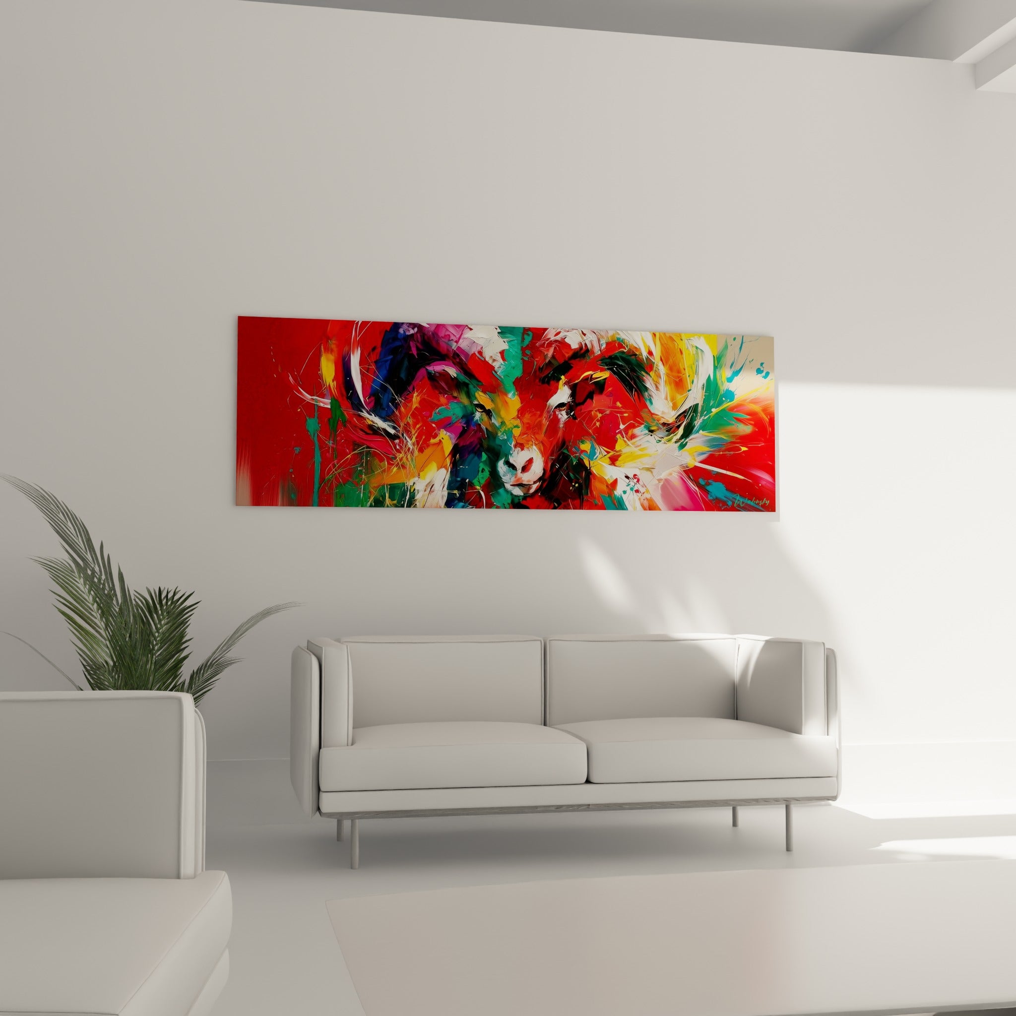Regard intense du Bélier aux teintes fauves et dorées accroché au-dessus d'un canapé dans un salon lumineux
