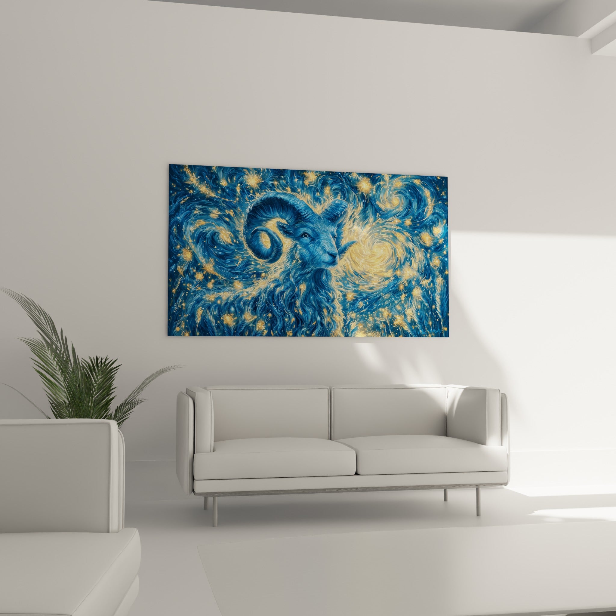Animal céleste bleu profond et éclats dorés placé au-dessus d'un canapé dans un salon lumineux
