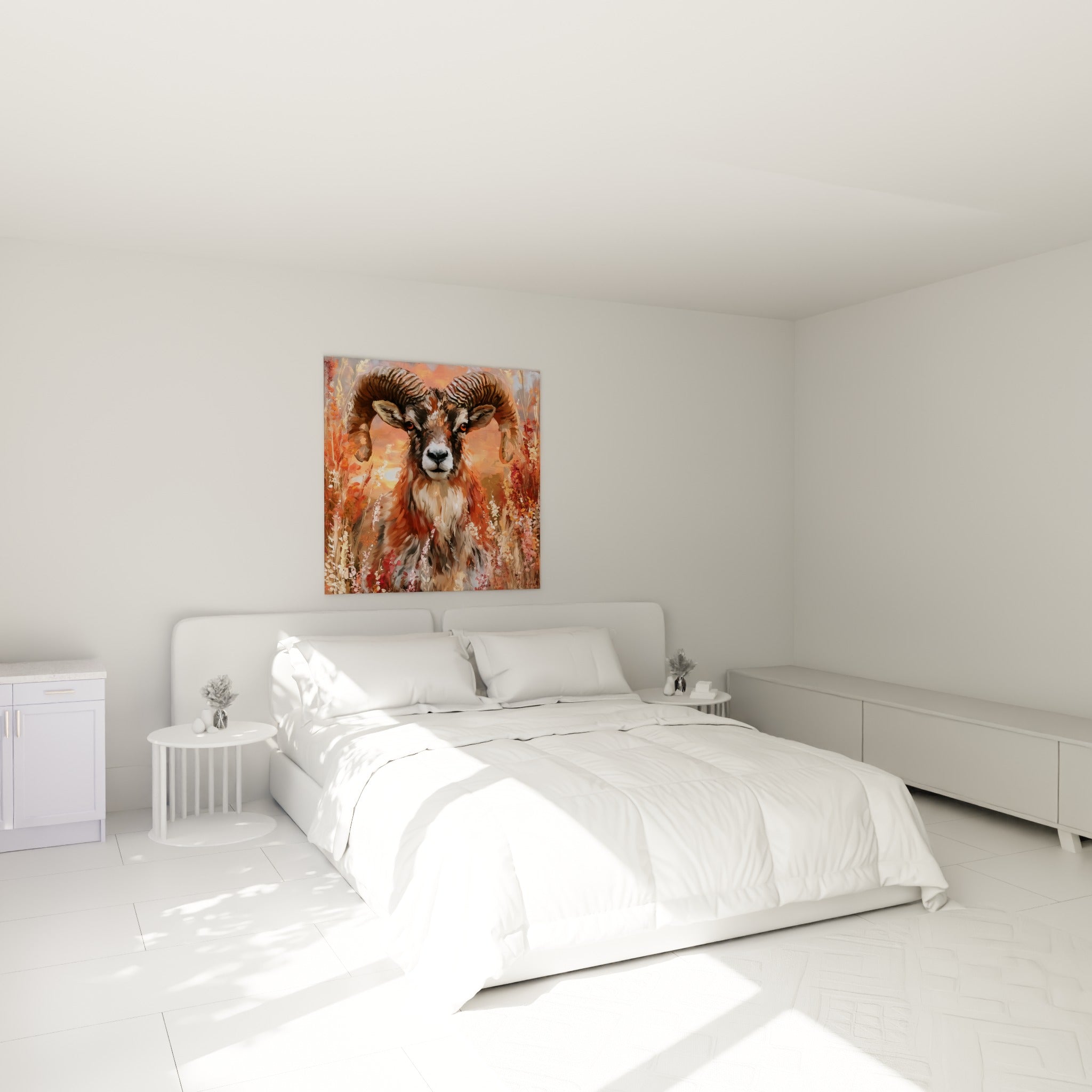 Bélier au regard ambré, tons fauve et corail, accroché au-dessus d'un lit dans une chambre claire