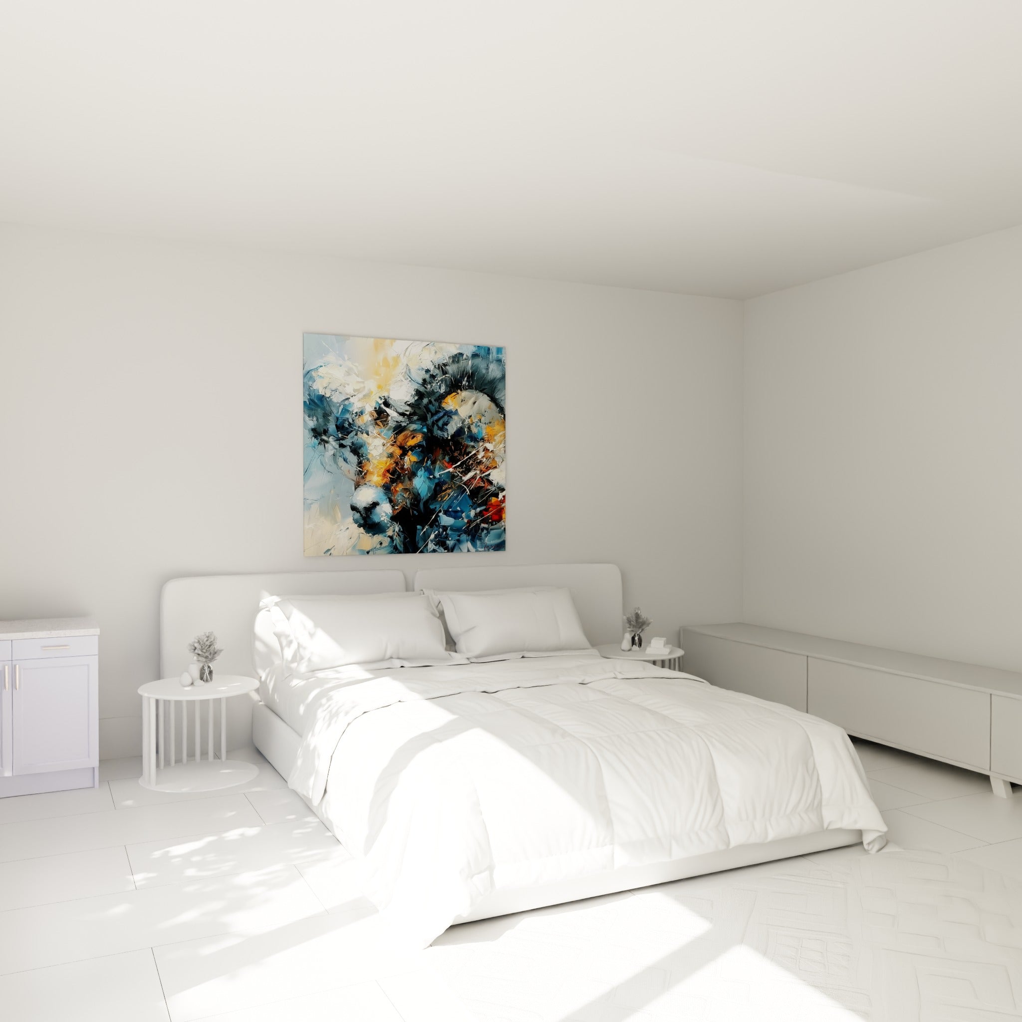 Cornes enroulées du Bélier en bleu marine et fauve au-dessus d'un lit dans une chambre claire