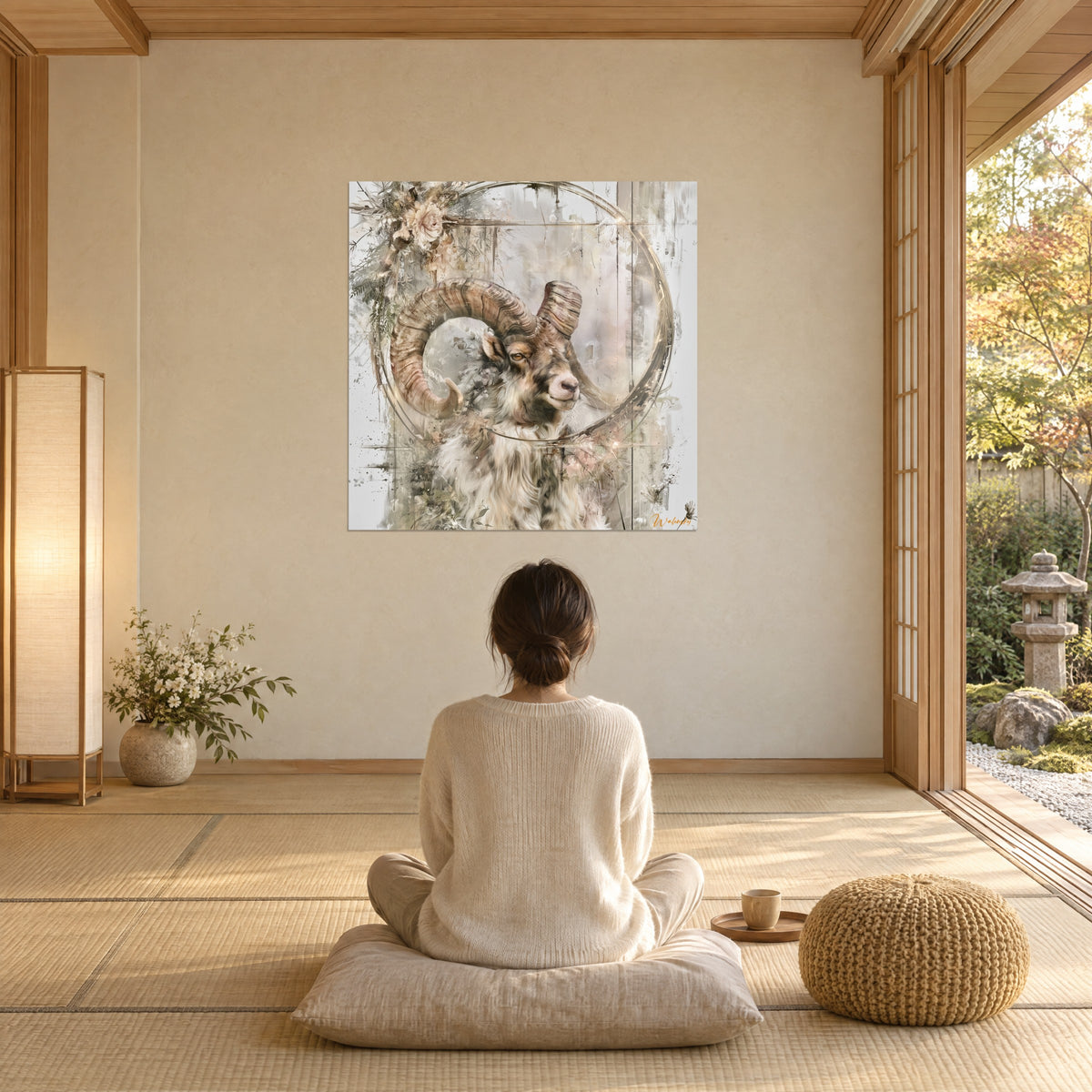 Schilderij gehoornd dier met okerkleurige krullen, lichtroze bloemen en gouden cirkel, bewonderd door een vrouw op een kussen, voor een raam