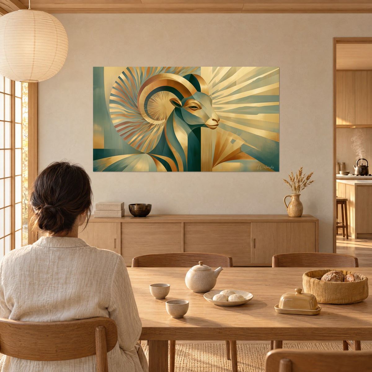 Quadro pecora grafica con corna arricciate ramate e raggi verde salvia, osservata di spalle da una donna seduta a un tavolo in un soggiorno japandi
