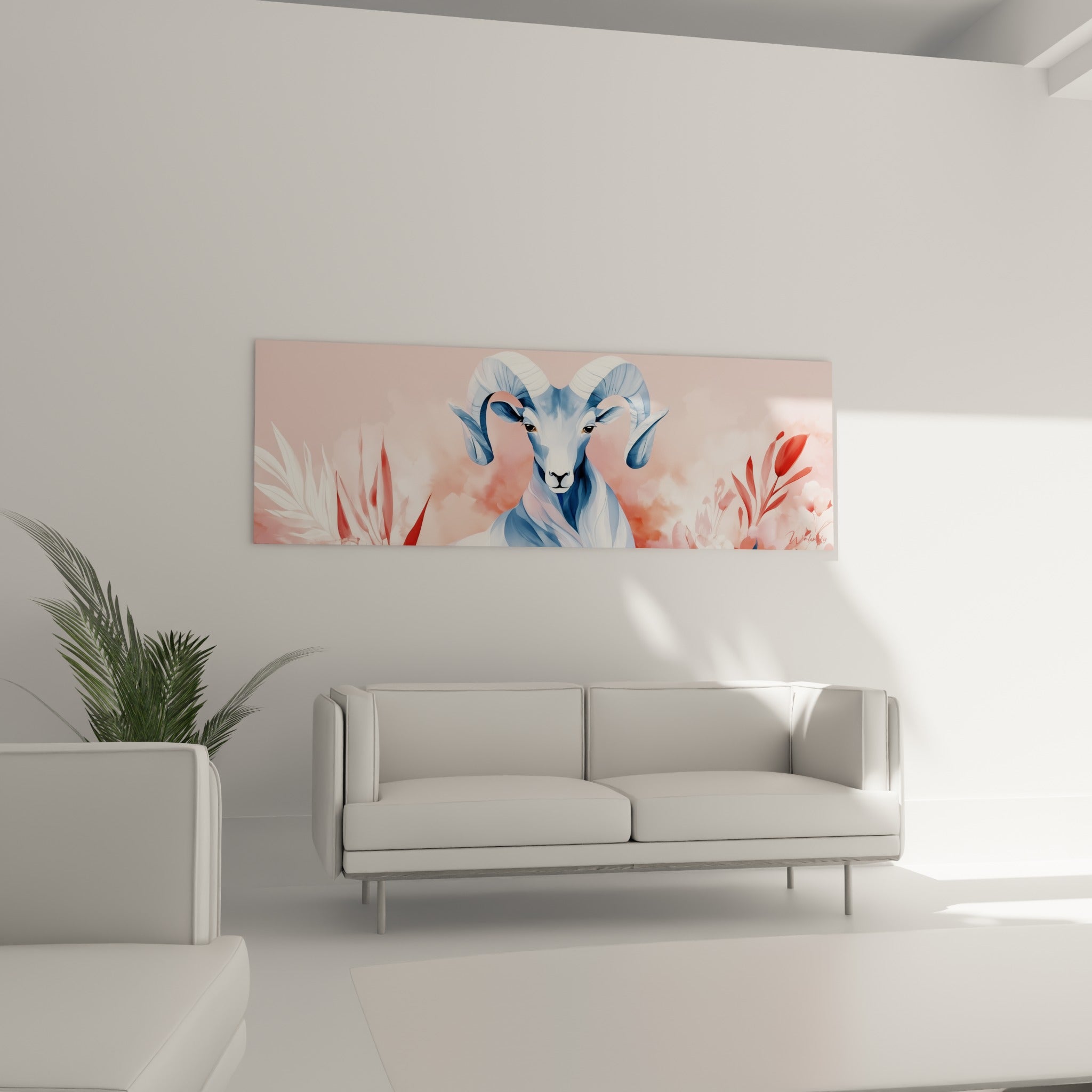 Pelage bleu givré et fond rose corail du Bélier, au-dessus d'un canapé dans un salon lumineux