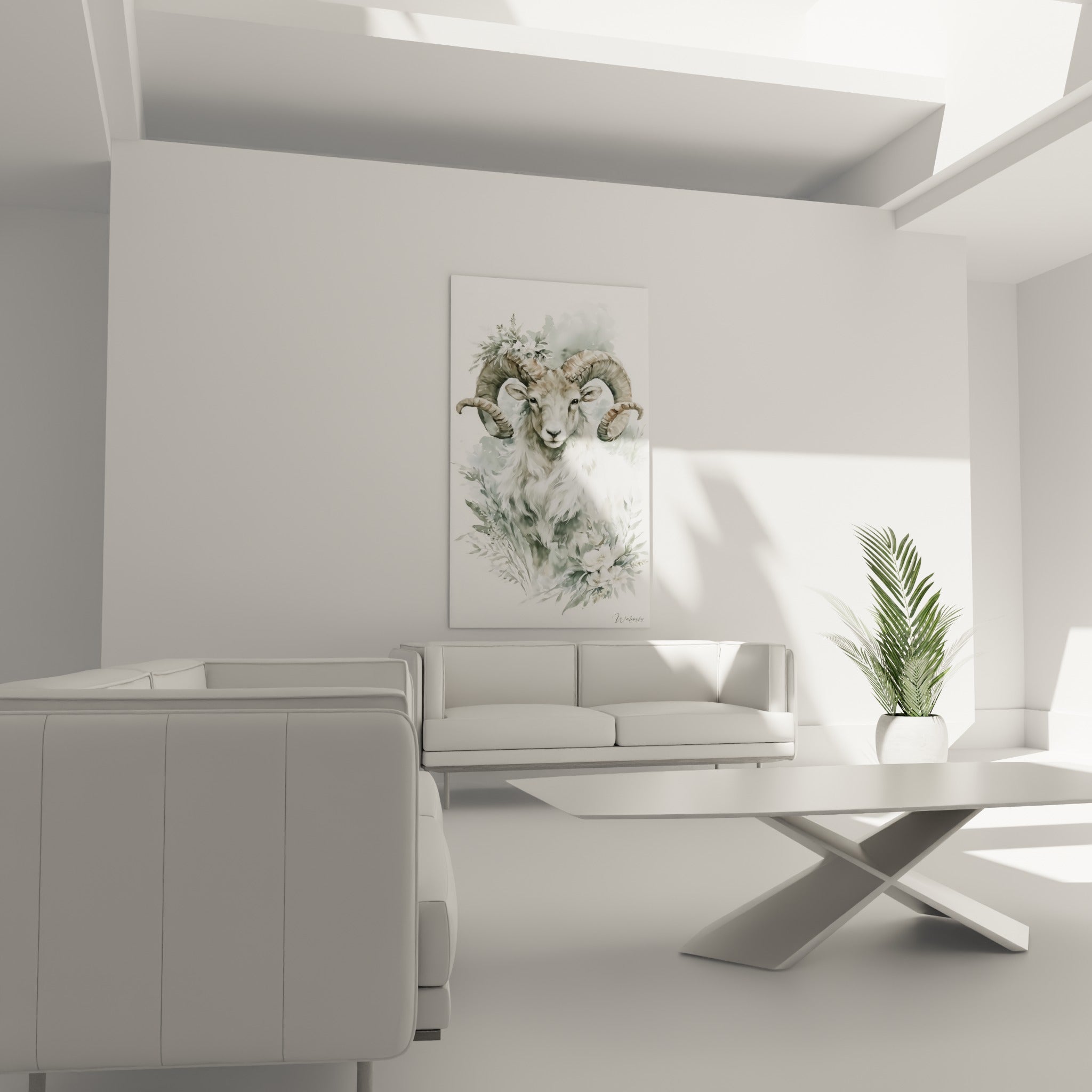 Regard doux du Bélier entouré de fleurs blanches, suspendu au-dessus d'un canapé dans un salon lumineux