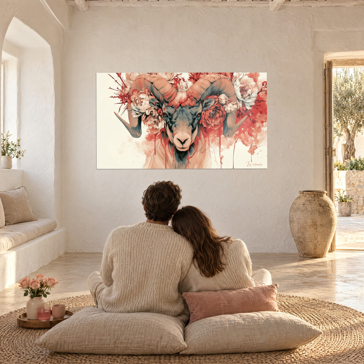 Tableau ovin sauvage aux cornes ocre, fleurs rouge corail éclatées, fond ivoire, couple de dos sur des coussins dans un salon aux arches