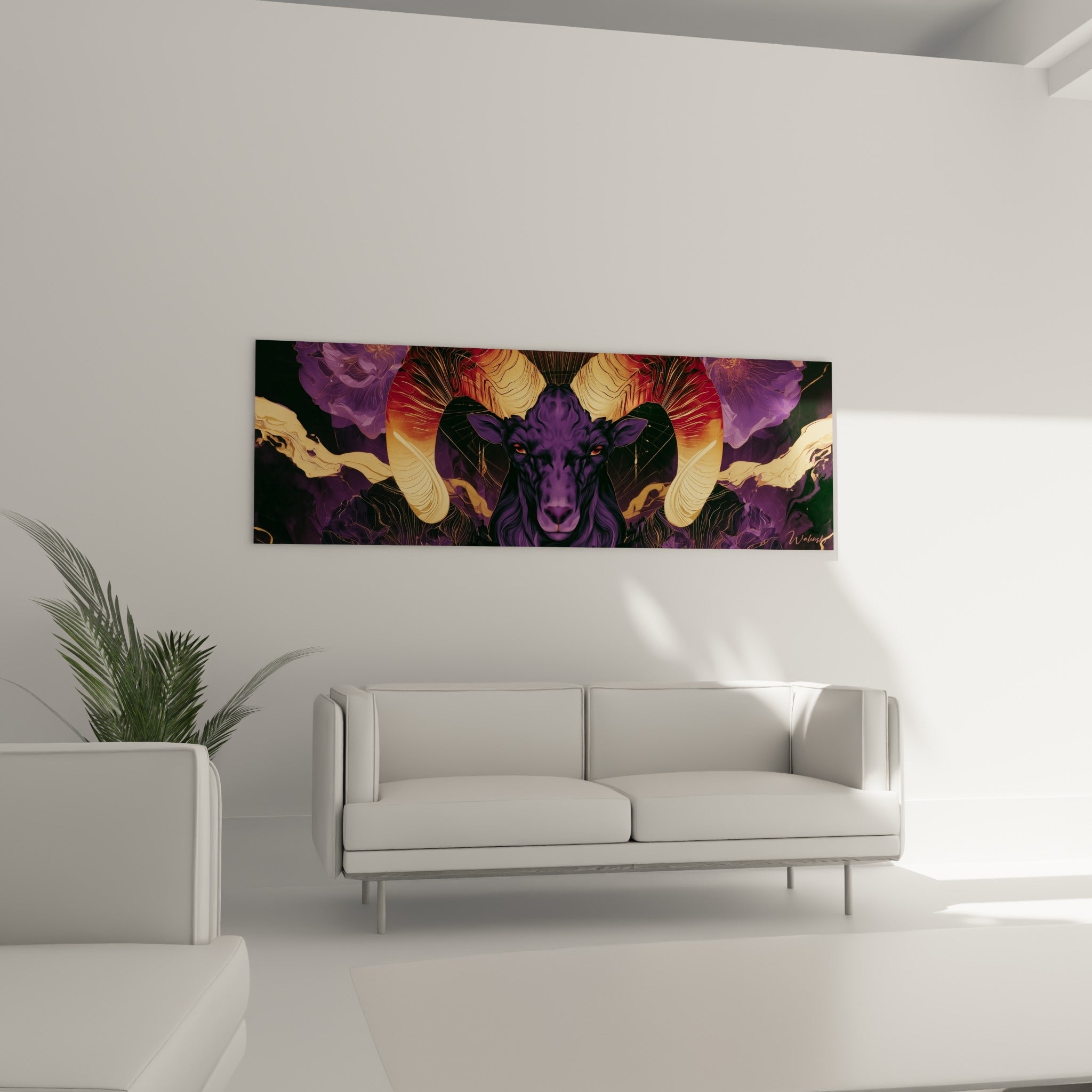 Fleurs mauves et pelage violet du bélier se déploient au-dessus d'un canapé dans un salon lumineux