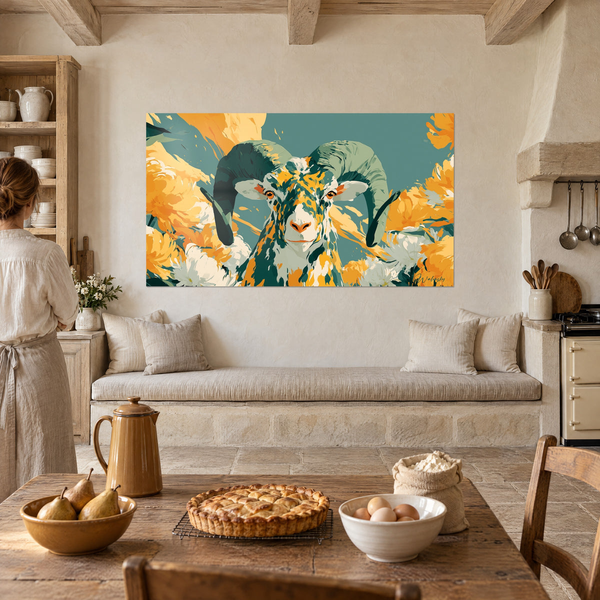 Wall art horned animal with amber eyes, dark green and saffron yellow spots, white flowers, stone living room and kitchen