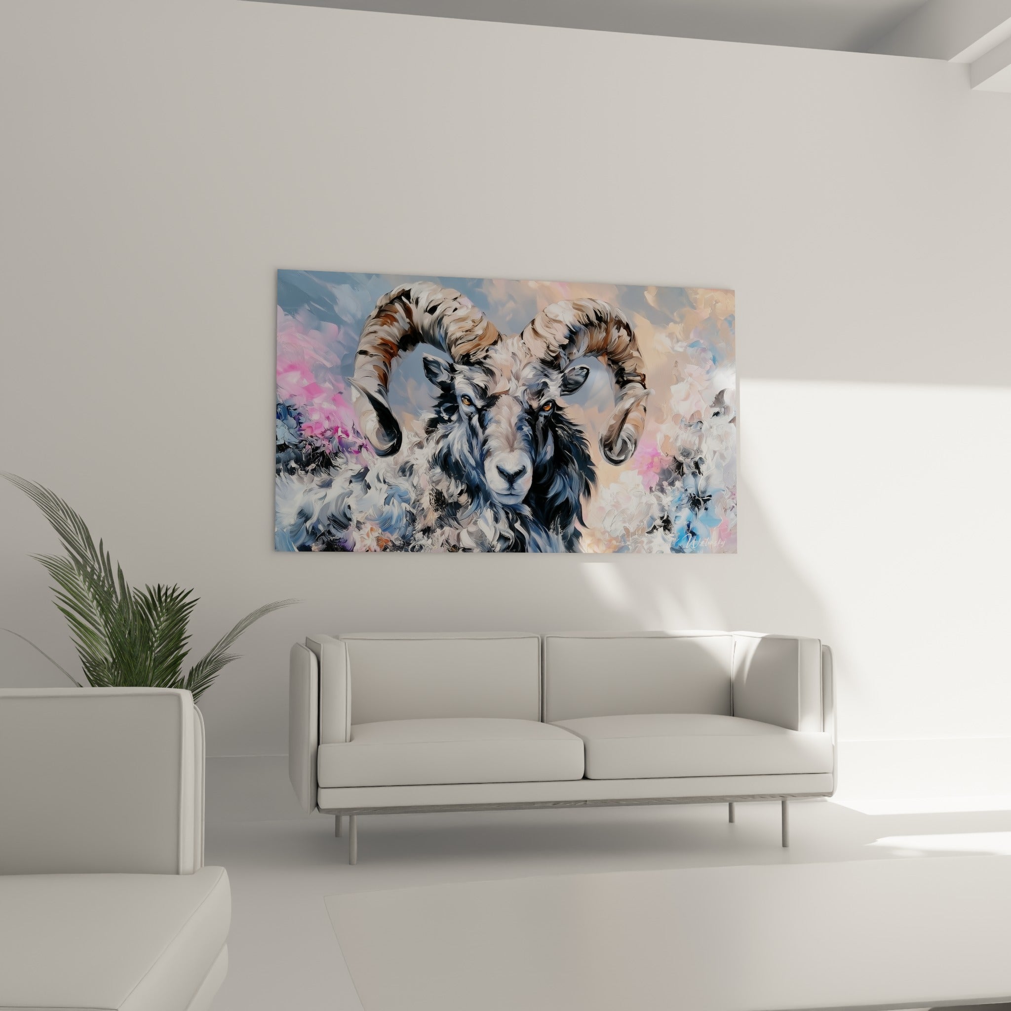 Regard ambré du Bélier entouré de fleurs roses et pêche, au-dessus d'un canapé dans un salon lumineux