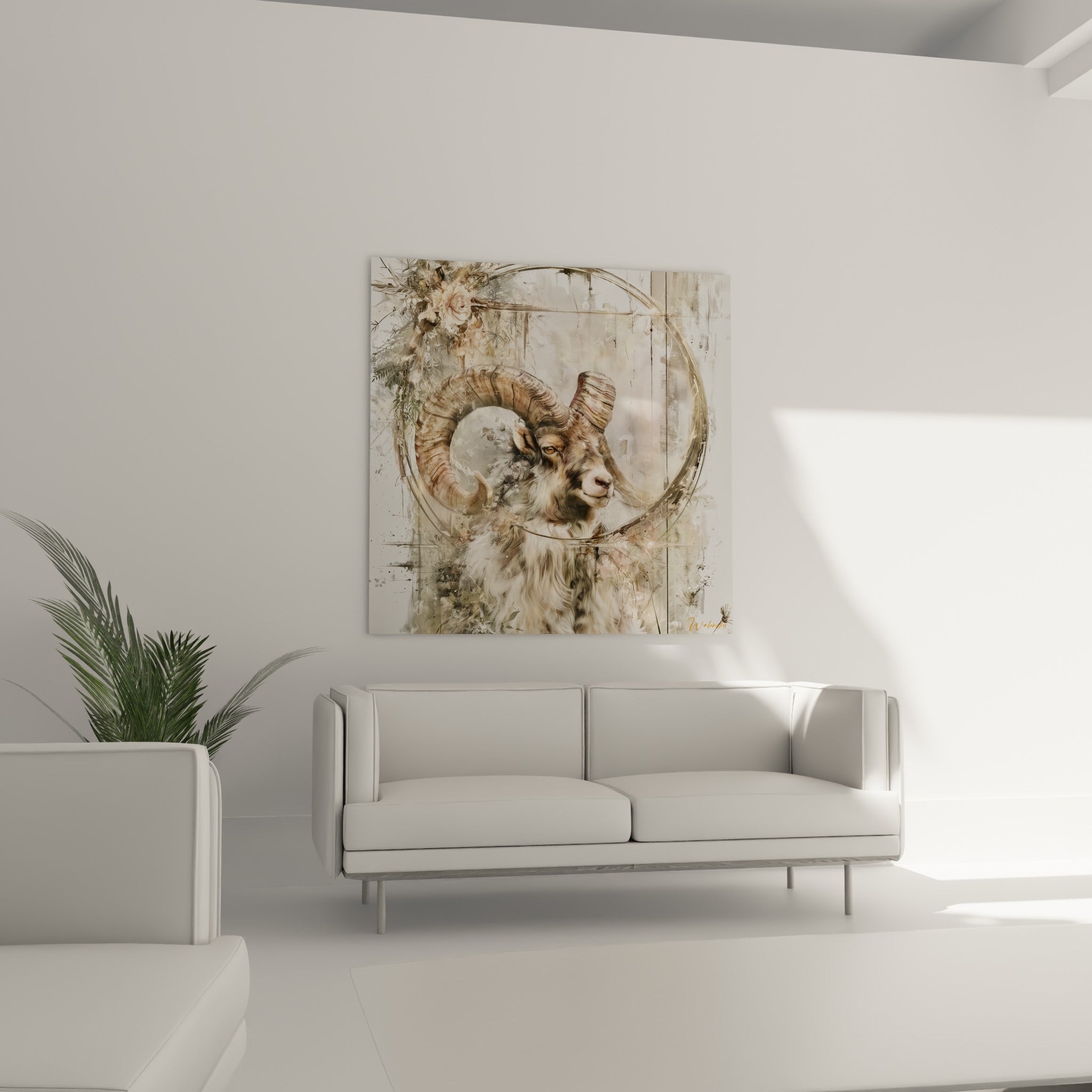 Regard noisette du Bélier entouré de fleurs séchées au-dessus d'un canapé dans un salon lumineux