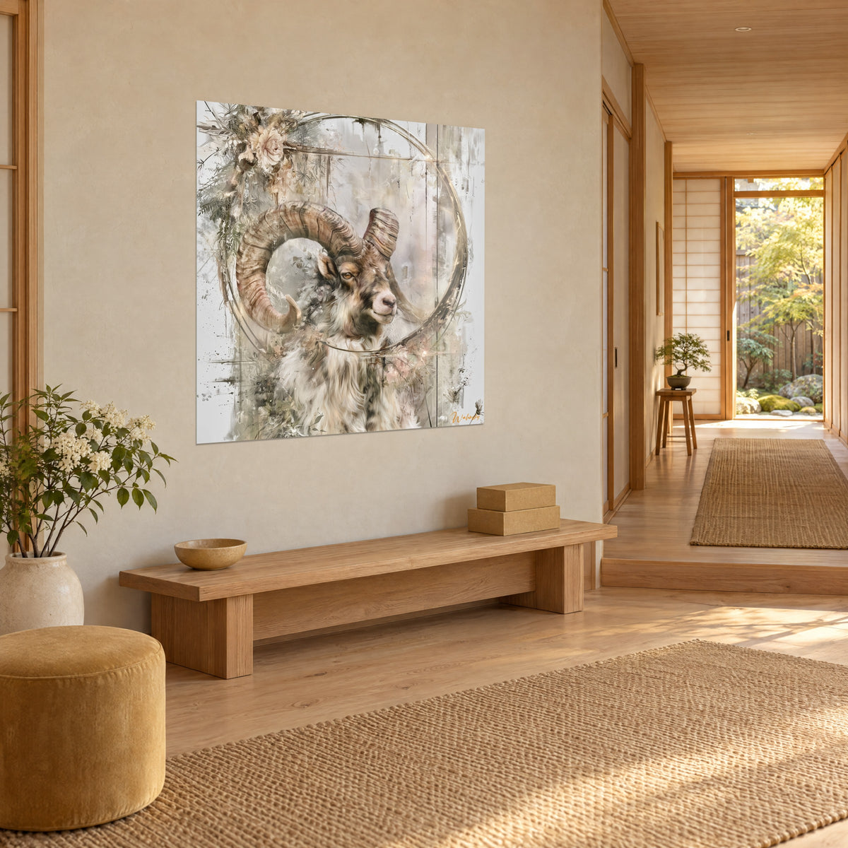 Schilderij mouflon met ivoorkleurige en bruine wol, krans van lichtroze rozen en gouden cirkel, beige muur, houten bank, japandi interieur