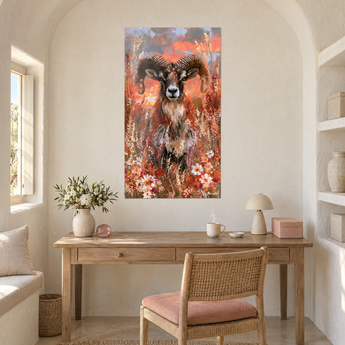 Tableau bélier sauvage dans les herbes folles rouille et rose, accroché au-dessus d'un bureau en bois clair, lampe beige
