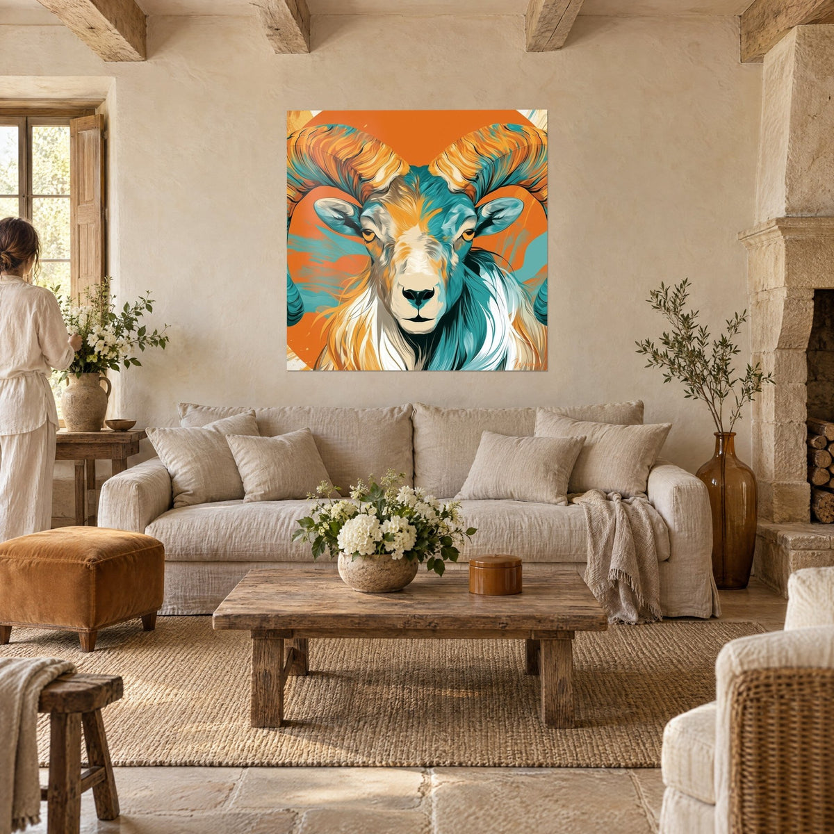 Tableau bélier aux cornes spiralées orange et turquoise sur fond ocre, regardé de dos, au-dessus d'un canapé dans un salon lumineux