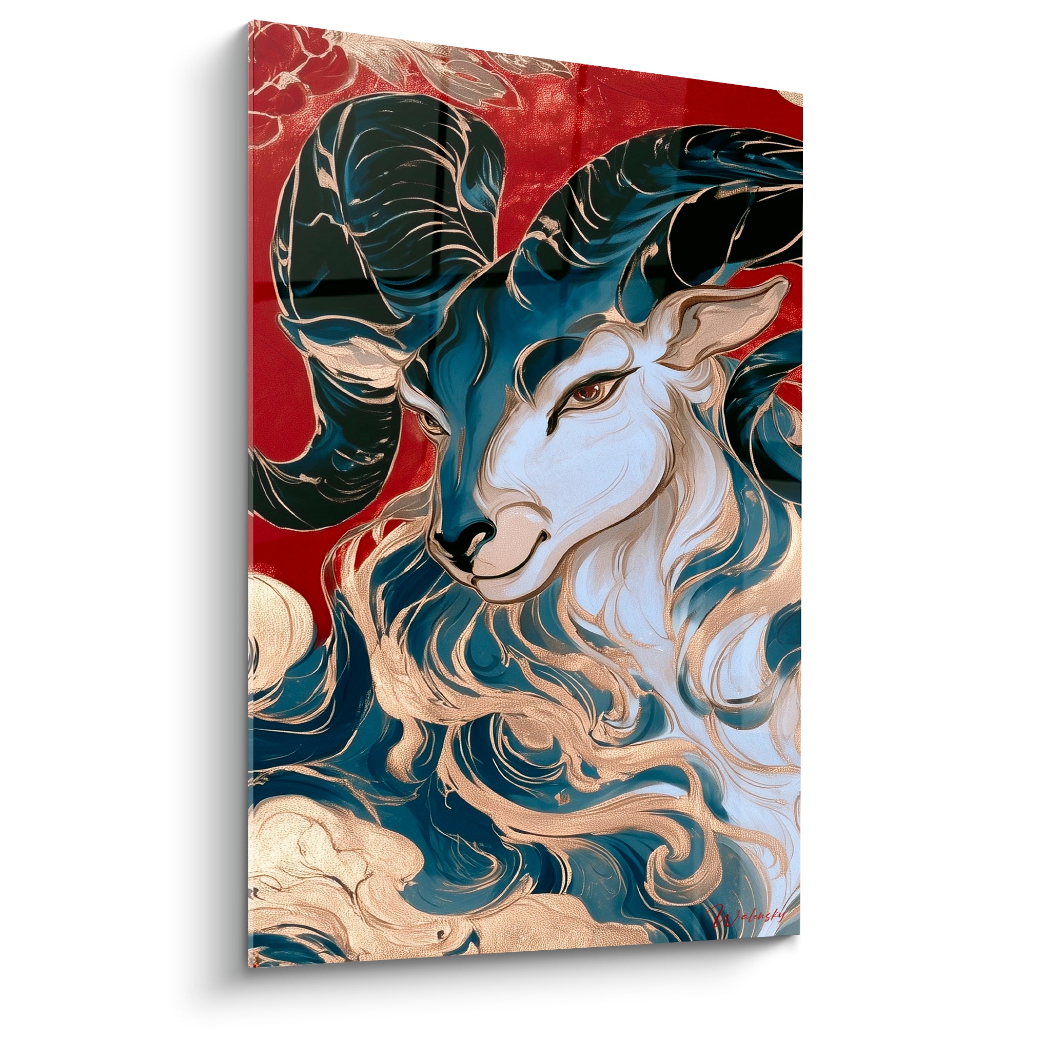 Bélier aux cornes bleu marine et dorées se détachant sur un fond rouge éclatant orné de motifs.