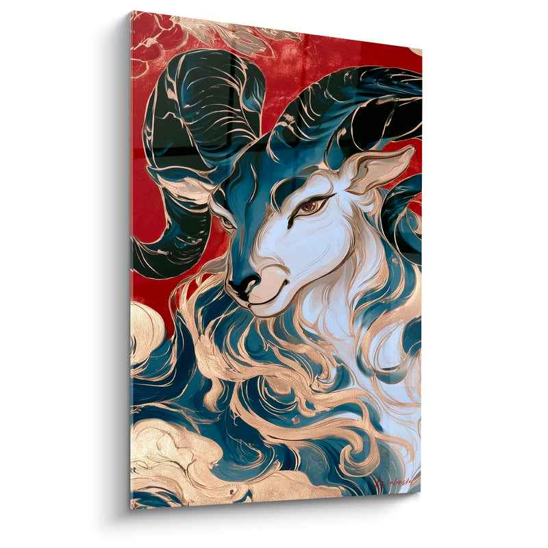 Tableau Bélier bleu pétrole et rouge brique fleurs discrètes - Volutes marbrées dorées - Edition Bélier