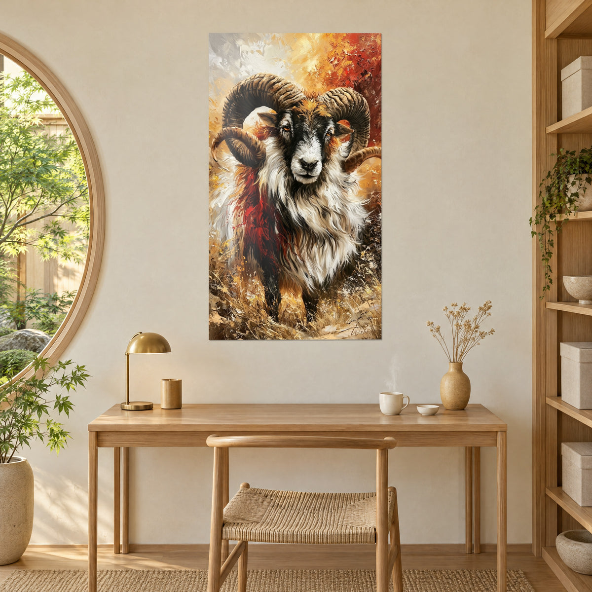 Tableau bélier de montagne en peinture à l'huile, toison ivoire, cornes brunes et touches rouges, au-dessus d'un bureau en bois clair