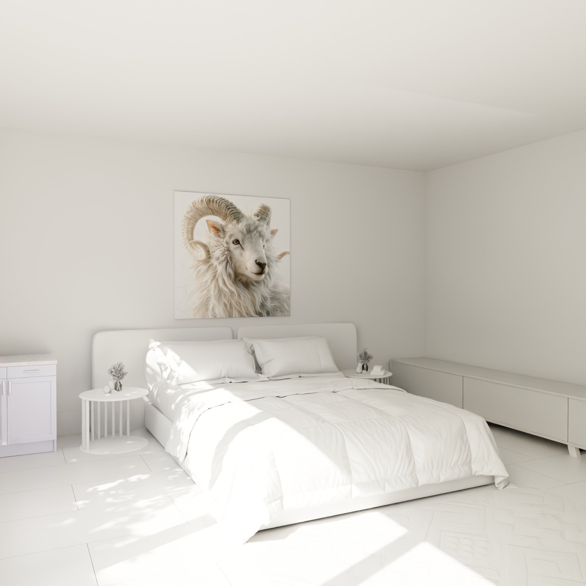 Fourrure blanche et cornes beige du Bélier accrochées au-dessus d'un lit dans une chambre claire
