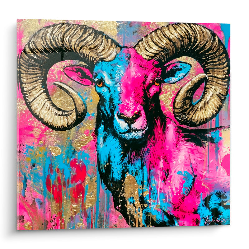 Tableau Bélier rose fuchsia et bleu cornes dorées - Fusion électrique - Edition Bélier
