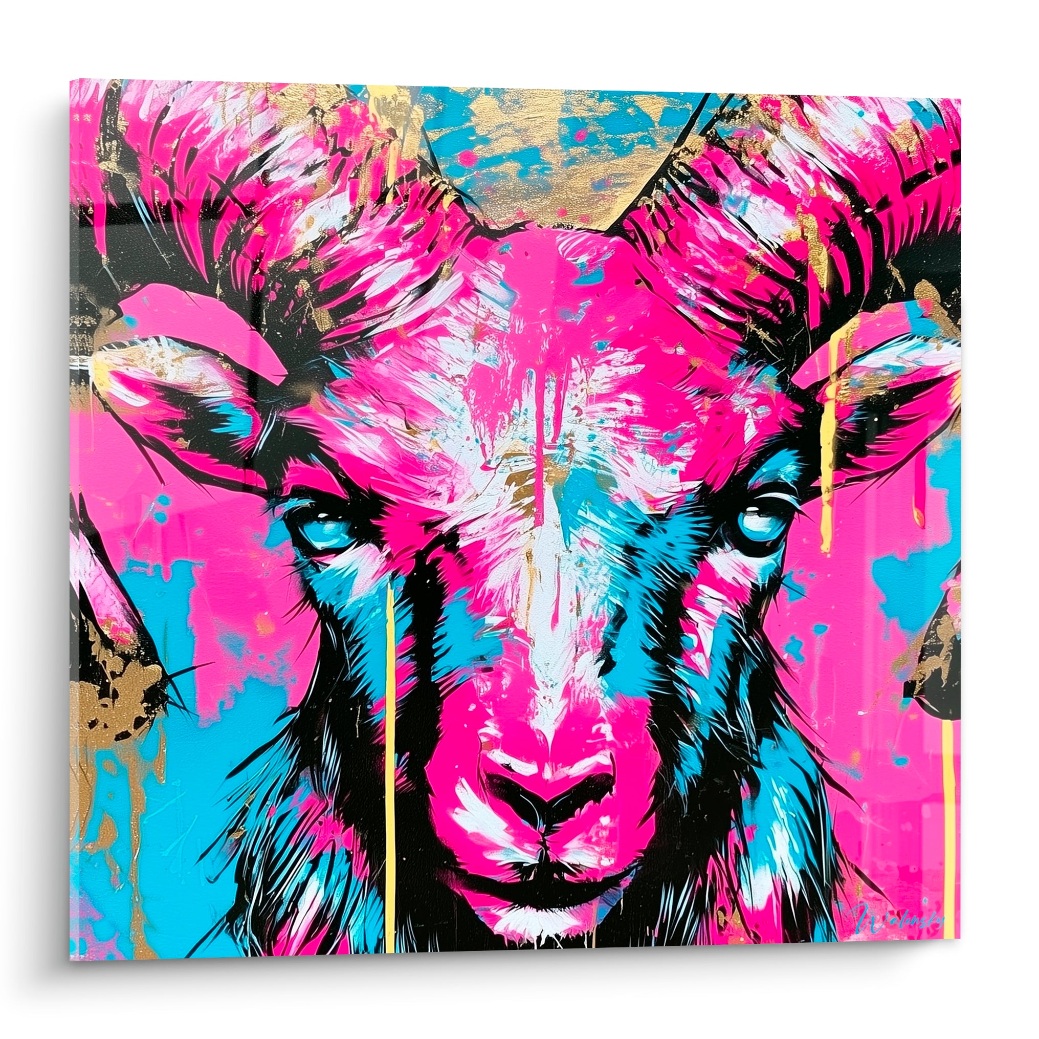 Bélier au regard bleu perçant, peinture fuchsia et bleu éclaboussée d'or, style street art urbain