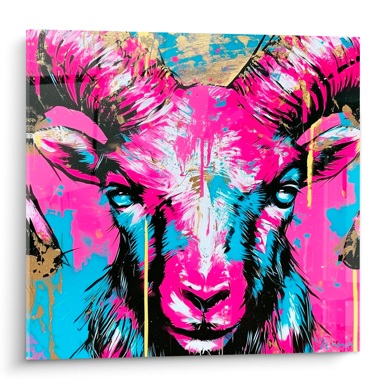 Tableau Bélier rose fuchsia et bleu cyan coulures dorées - Regard perçant graffiti - Edition Bélier