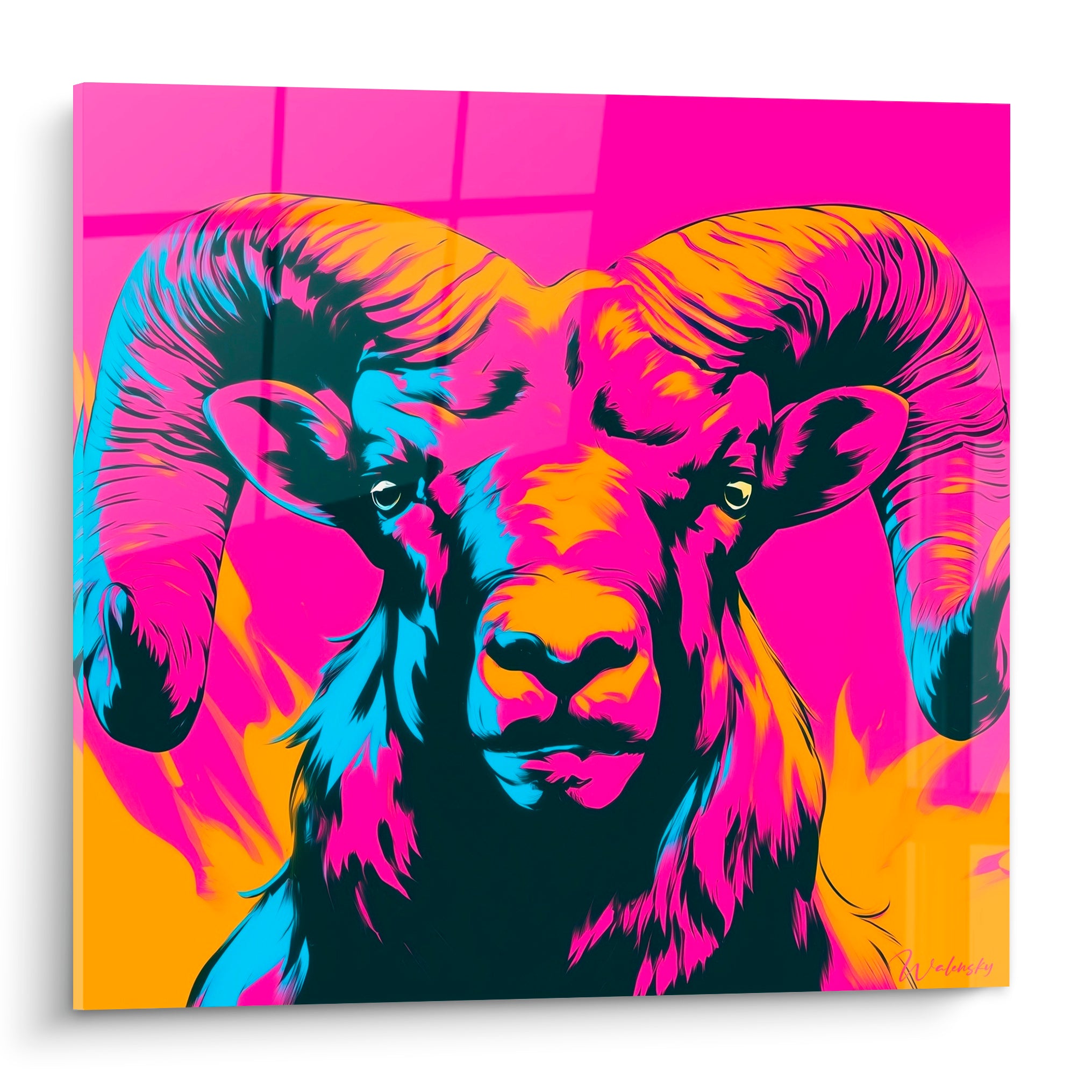 Bélier au regard perçant, cornes fuchsia et bleu électrique, style pop art saturé